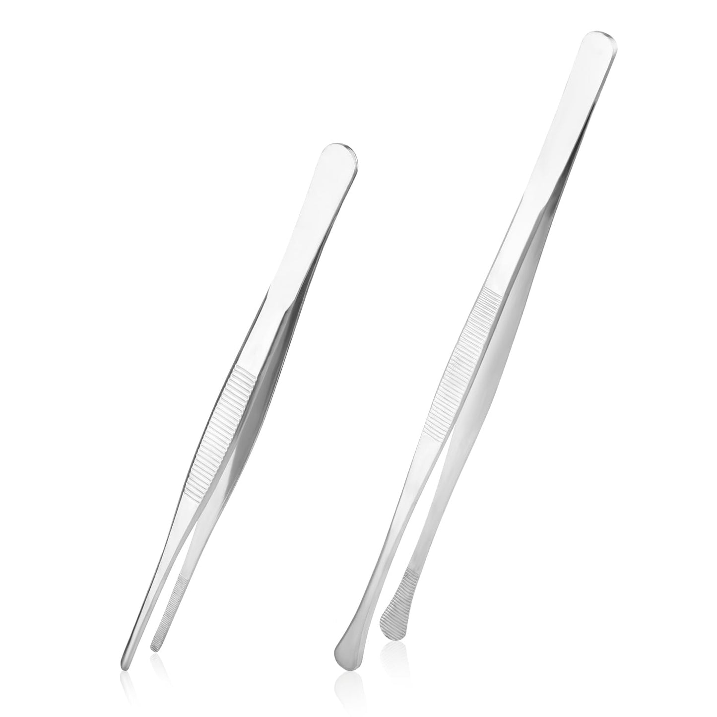 ASTER Cooking Tongs, 2 Pcs Stainless Steel Kitchen Tweezers, Long Food Tweezers for Cooking BBQ, Plating, Serving and Decoration, 8 and 12 Inch, Silver