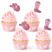 PEOVLVN 24Pcs Cowboy Cupcake Toppers, Glitter Pink Cowgirl Cupcake Toppers Hats Boots Western Cake Topper for Western Theme Baby Shower Birthday Party Cake Decorations Supplies