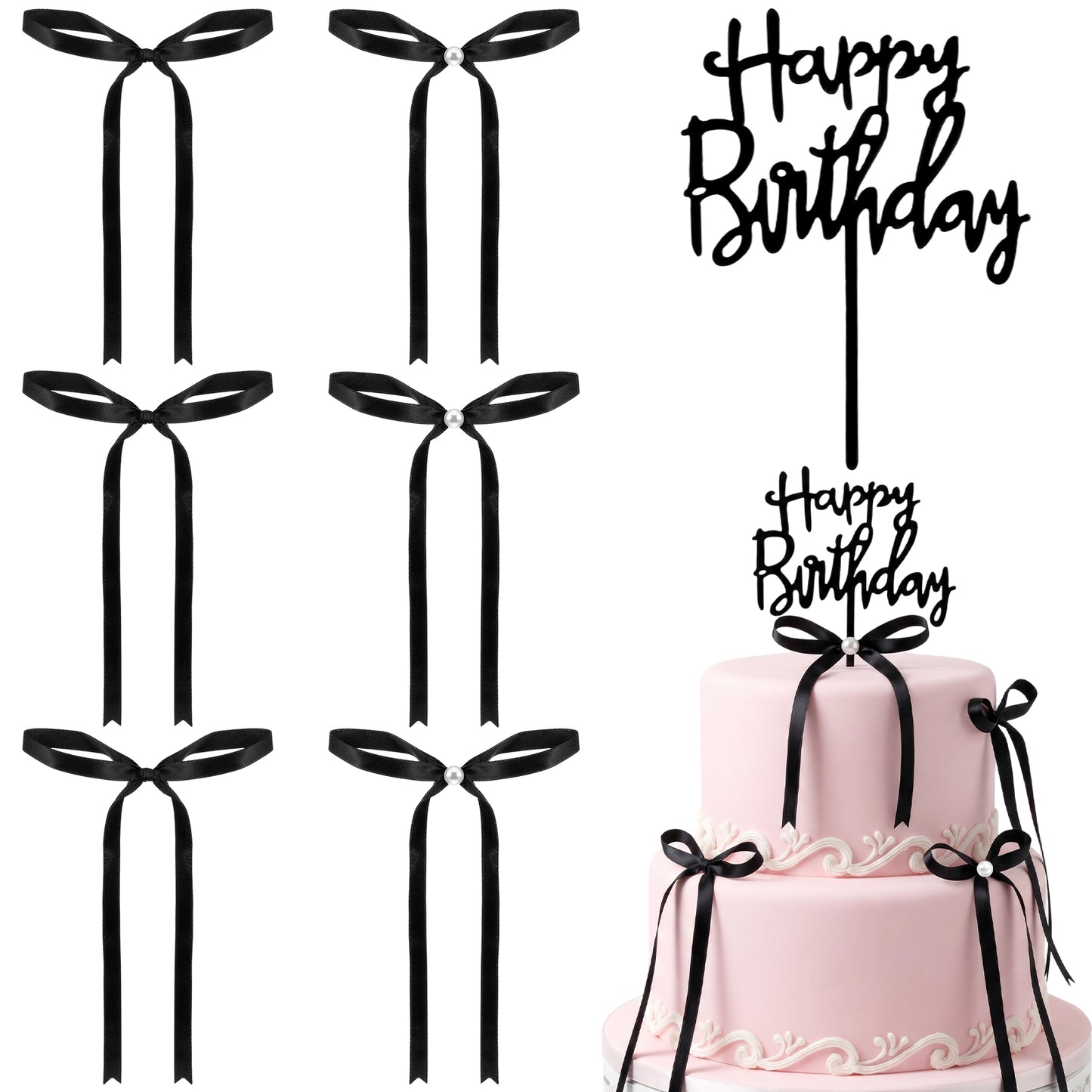13 Pcs Black Bow Cake Toppers with 1 Happy Birthday Cakes Topper 6 Pearl Black Ribbon Bows Cakes Toppers 6 Ribbon Bows for Birthday, Baby Shower, Wedding Party Decor