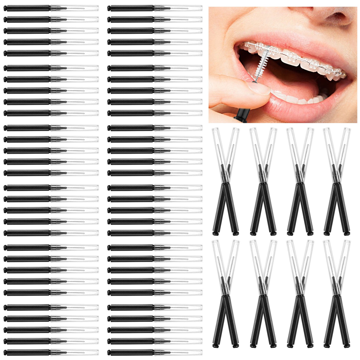 100 Pcs Dental Brush, Black Interdental Brushes Dental Floss Picks for Braces & Teeth Cleaning, Plastic Handle with Spiral Brush Head (2.76 Inch)