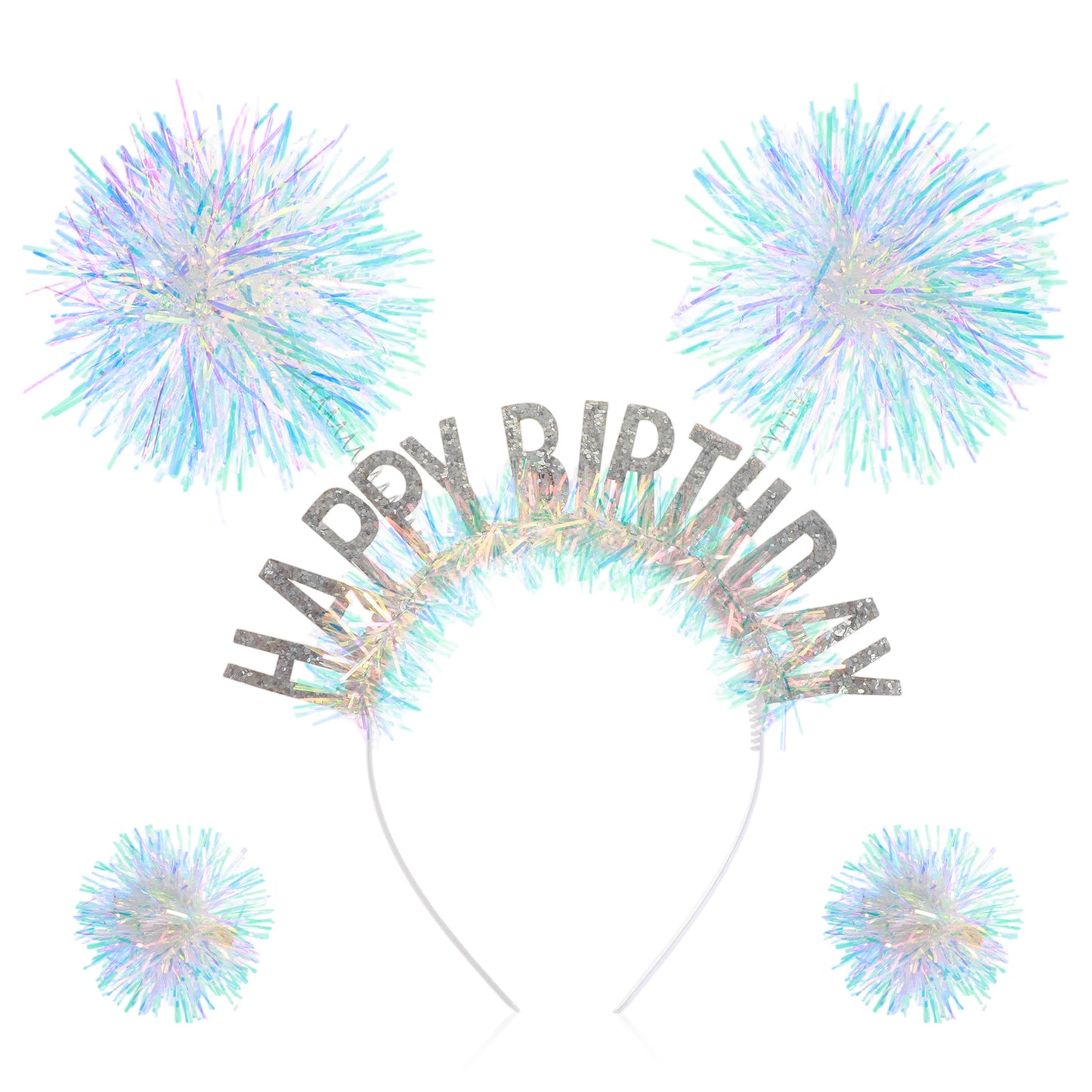 Grevosea Happy Birthday Crown and Tiara for Women Girls Pom Pom Headband Birthday Hat Set Silver Party Headwear for Adult Teen Celebrations Gifts Decorations
