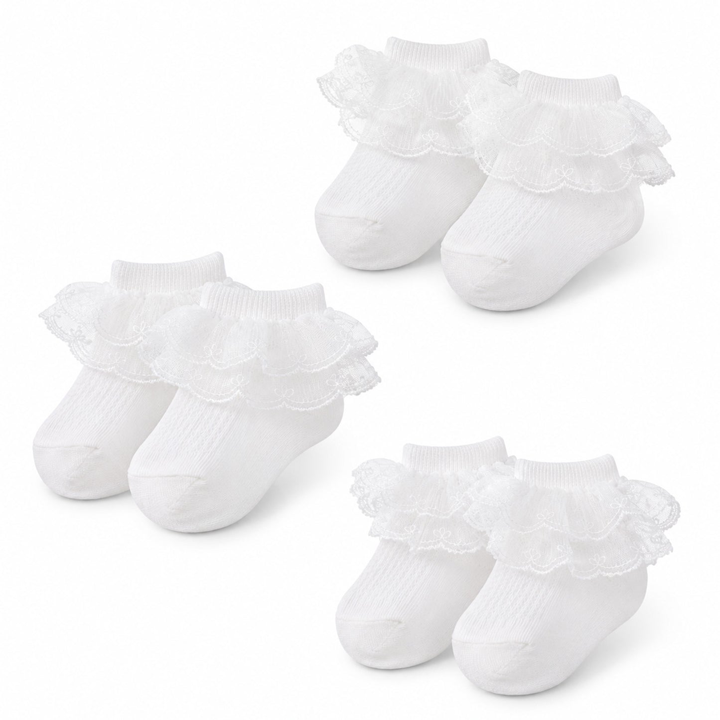 Ajcotahm 3 Pairs Newborn Frilly Socks, White Double Lace Baby Girl Ruffle Socks Breathable Cotton Ankle Sock for Newborn Infant Toddler 1-2 Years