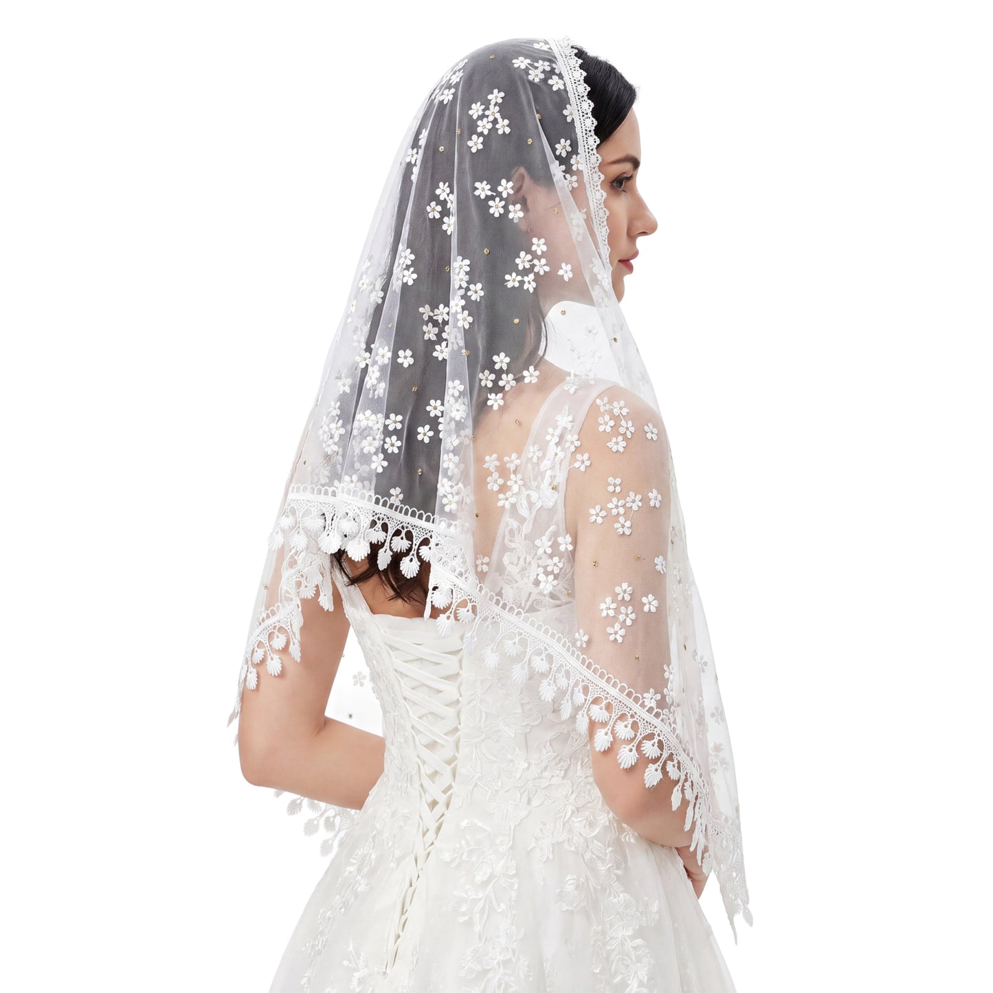 White Lace Catholic Veils, Triangle Lace Chapel Mantilla Veil Bridal Veil Women Embroidered Chapel Veils Head Covering Floral Headwrap for Wedding Bridesmaid (Flower)