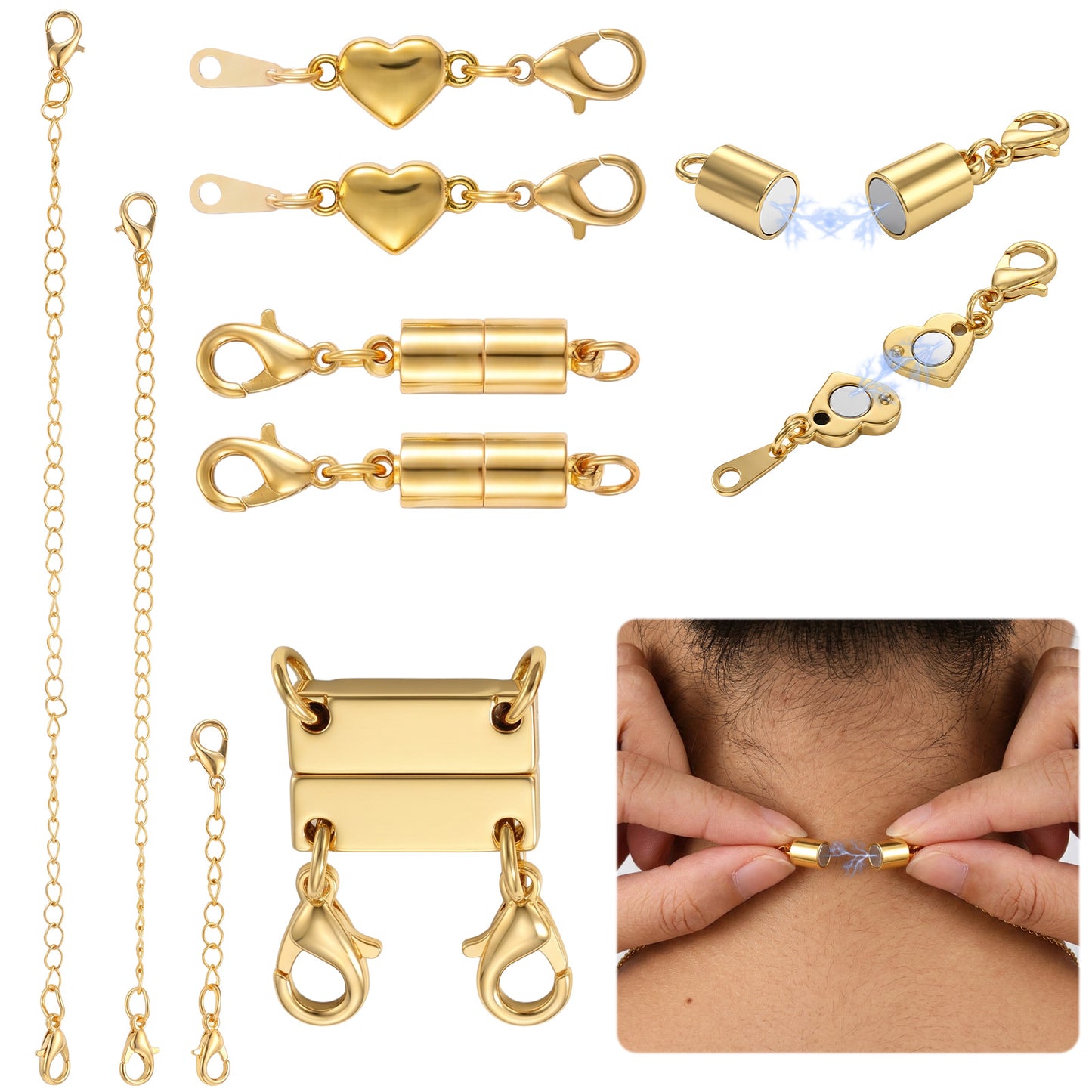 8 Pcs Magnetic Necklace Clasps Strong Magnetic Closures Multi Style Jewelry Clasp Set with Chain Extenders for Layering Necklaces Bracelets 16K Gold Plated Silver