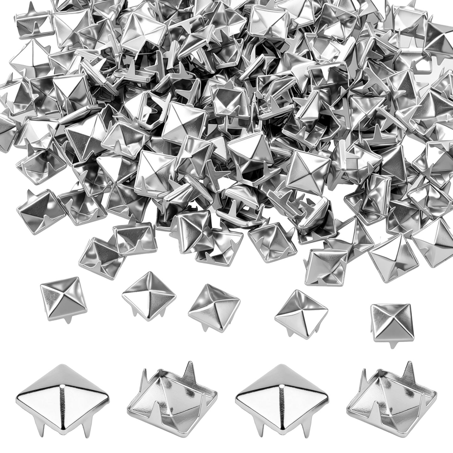 250Pcs 8mm Square Pyramid Studs for Clothing, Metal Claw Nailhead Spike Rivets Studs for Punk Rock Clothing Leather Shoes Bag DIY Craft Accessories (Silver)