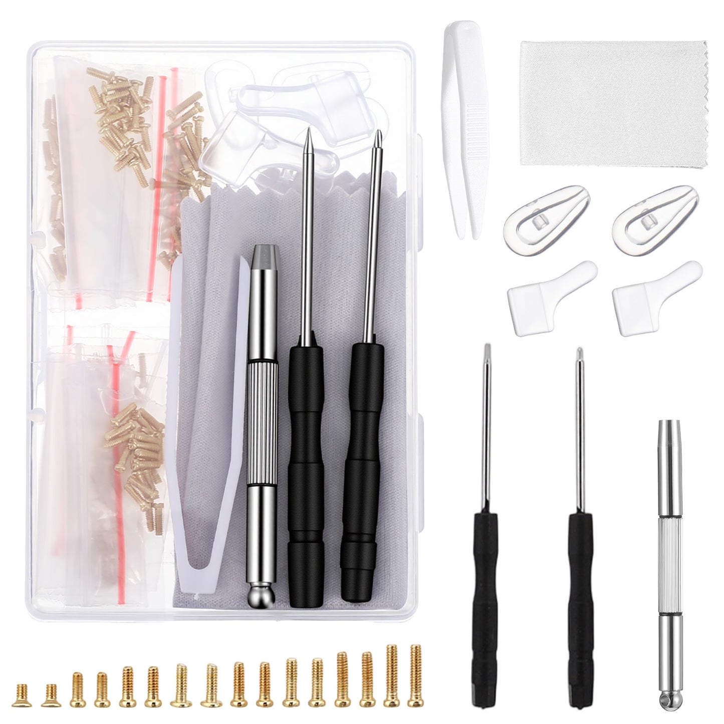 Gold Eyeglass Repair Tool Kit, Comprehensive Screwdriver Set with Assorted Screws, Nose Pads, Tweezers for Glasses, Sunglasses, Watch, Clock, and Small Electronics Repair