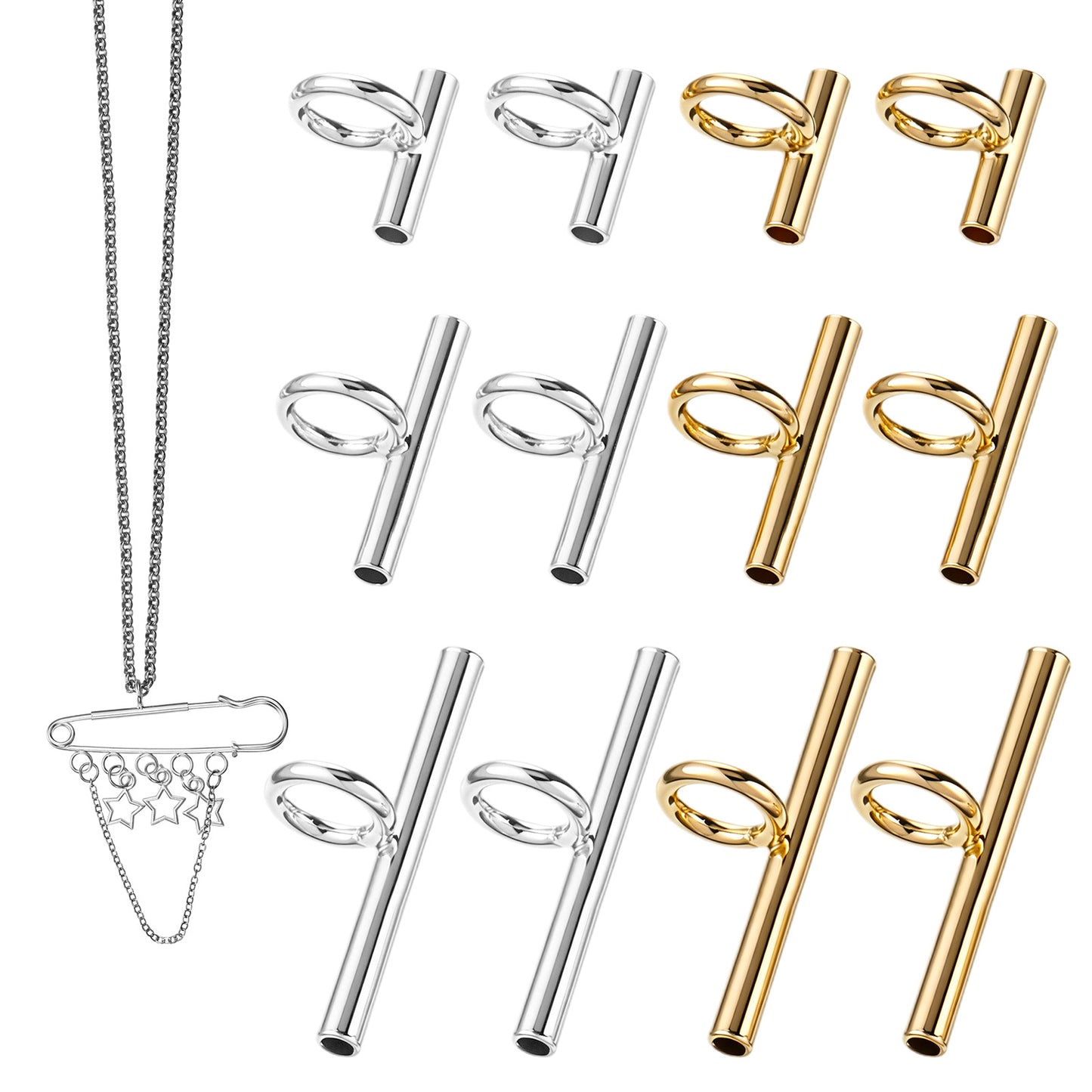 12Pcs Brooch to Pendant Converters, 3 Sizes Brass Pins Pendant Converters, Gold Silver Pin Necklace Adapters for Changing Brooches Pins to Pendants (8 mm, 13 mm, 20 mm)