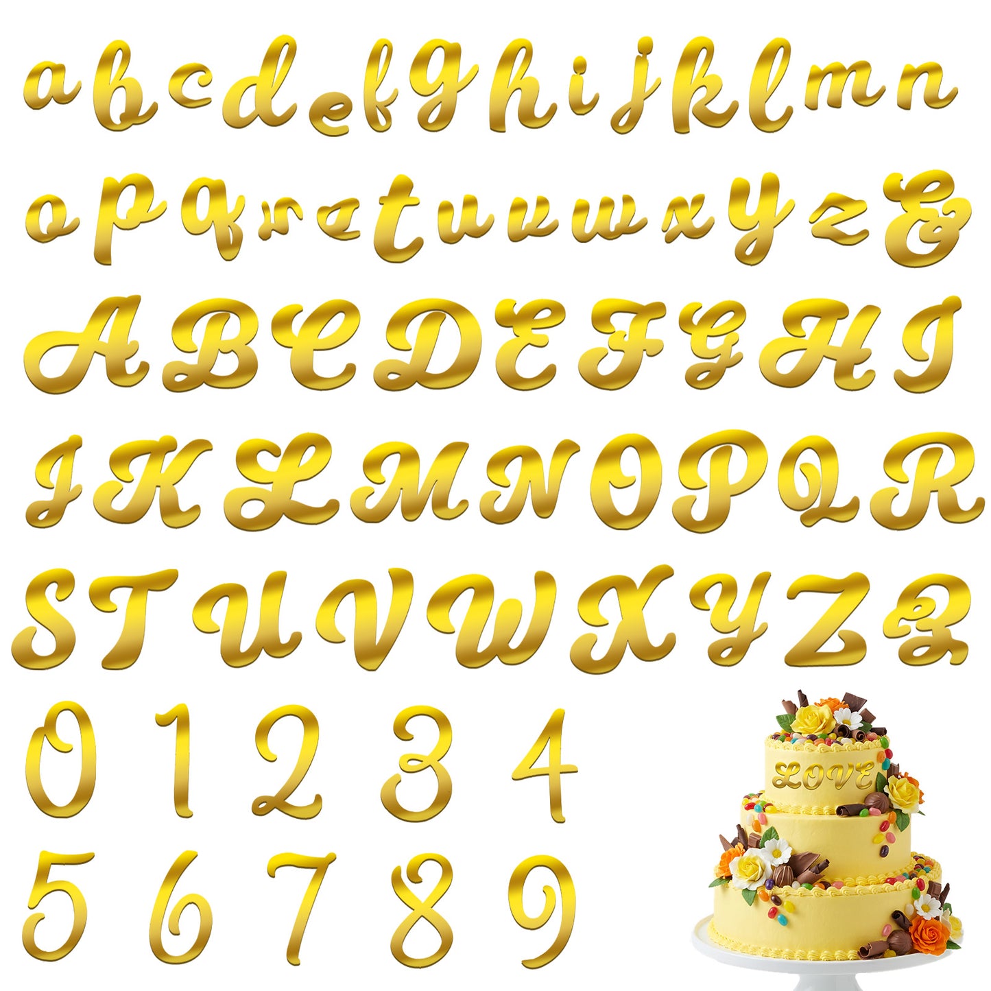 PEOVLVN 64 Pcs Acrylic Letters Custom Name Cake Topper DIY Personalized A-Z & 0-9 Number Alphabet Cake Letters Decoration for Wedding Anniversary Baby Shower Birthday Party Supplies (Gold)
