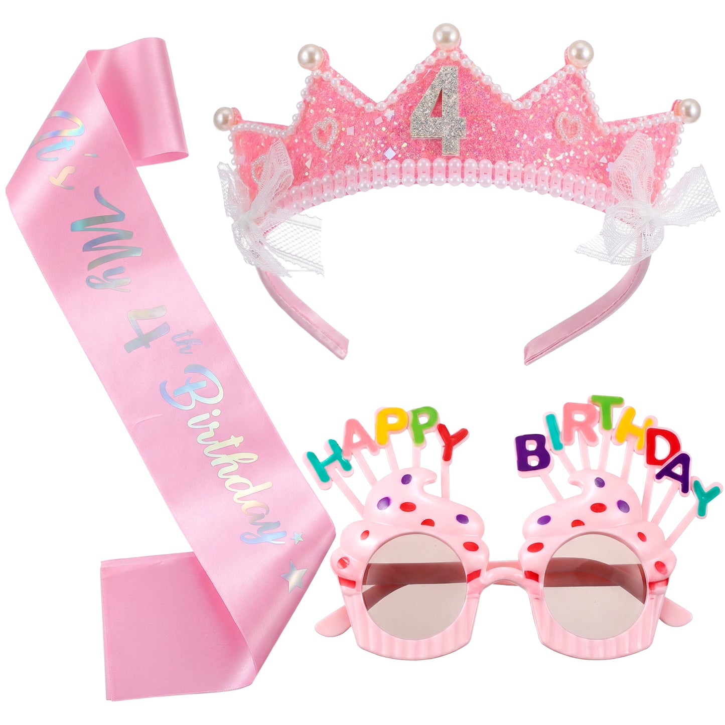PEOVLVN 4th Birthday Decorations for Girls, 4th Birthday Girl Outfit Glitter Rhinestone Birthday Crown Headband with Sash and Sunglasses Princess Gifts for 4 Year Old Girl (Pink)