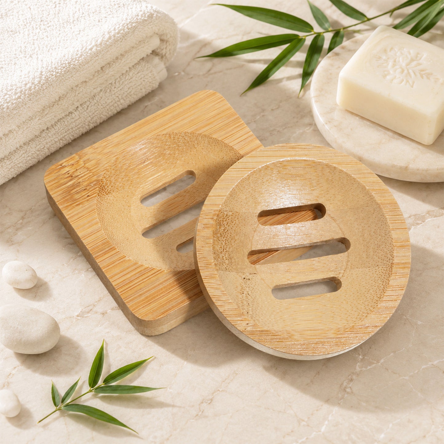 Grevosea 2 Pack Bamboo Soap Dish, Wooden Soap Holder Wood Bar Soap Holder Self Draining Soap Dish Tray for Shower Sink Bathtub Home Kitchen Bathroom Accessories (Round and Square)