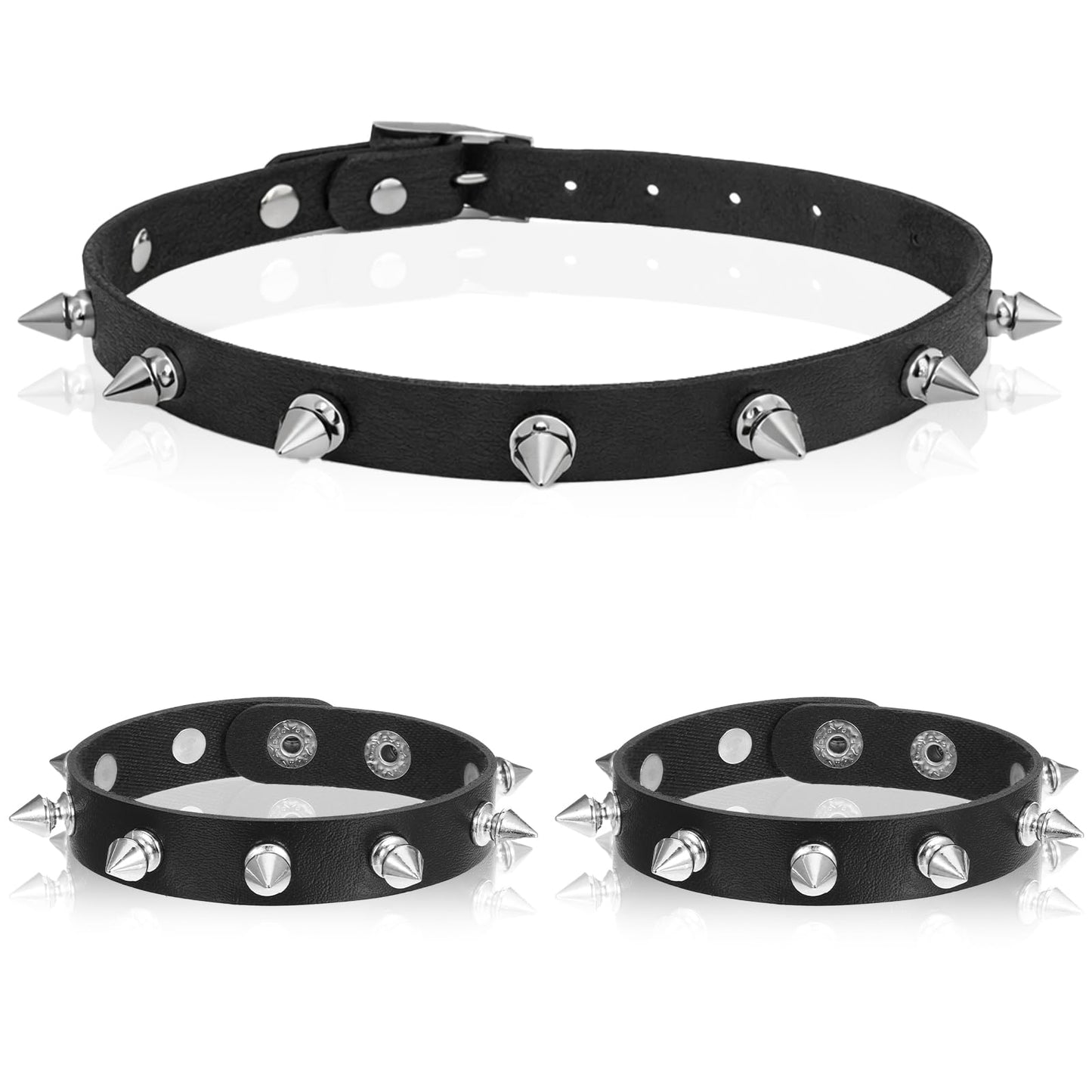 Set of 3 PU Leather Choker Punk Rock Bracelets Set Leather Gothic Spiked