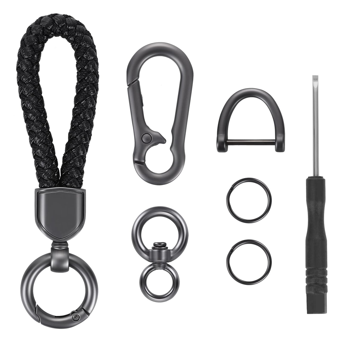Universal Metal Car Keychain Accessories, Durable Black Car Key Fob Keychain with Car Key chain Clips, Detachable Keyring, Anti-Lost D-Ring, Car Keychain Hook and 1 Screwdriver for Men, Women