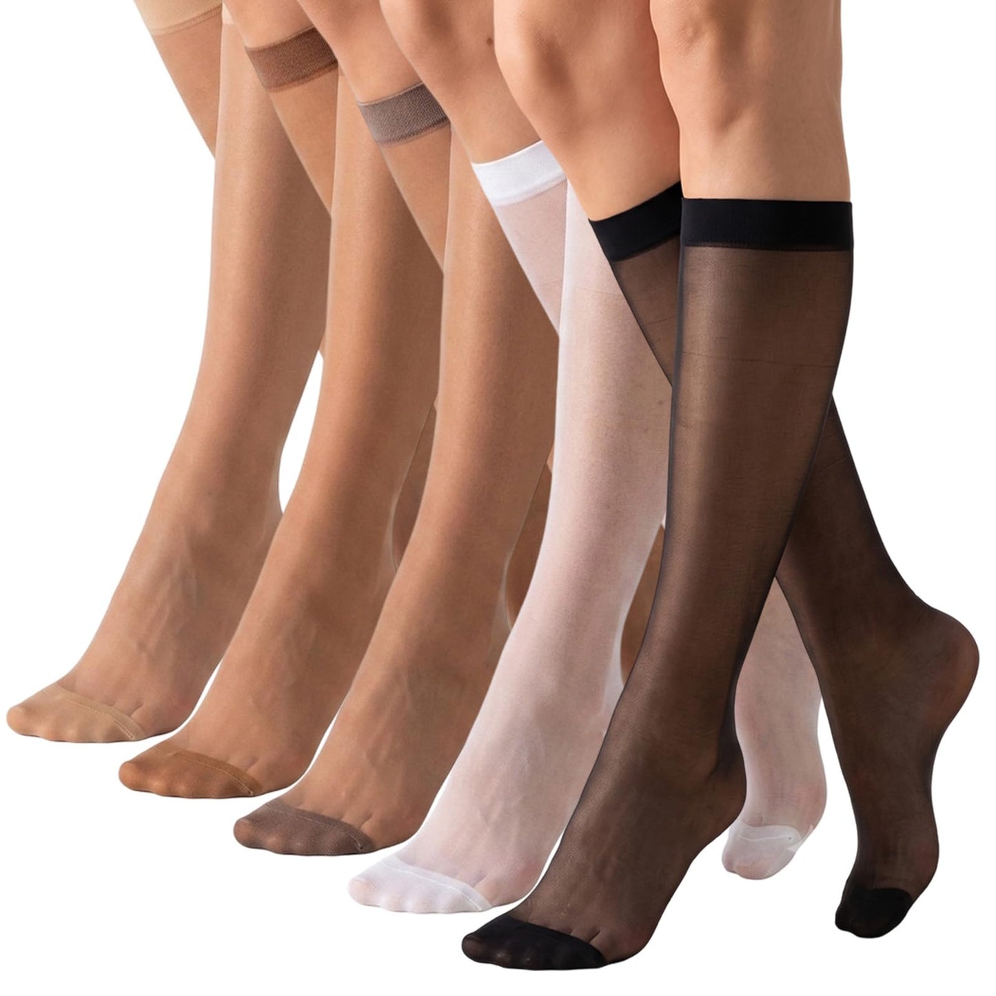 10 Pairs Knee High Nylons for Women, 5 Colors Sheer Knee High Stockings