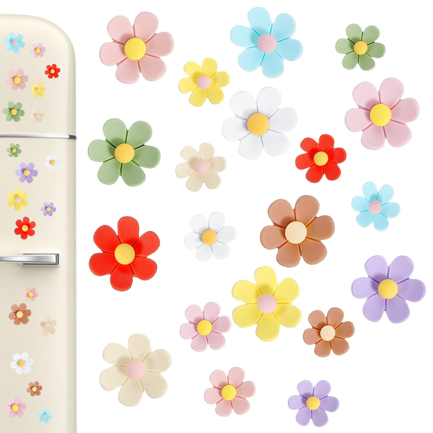Pack of 20 3D Flower Fridge Magnets, Colourful Decorative Magnets, 2 Sizes Strong Fridge Magnets, for Whiteboard, Fridge, Kitchen, Office and Classroom
