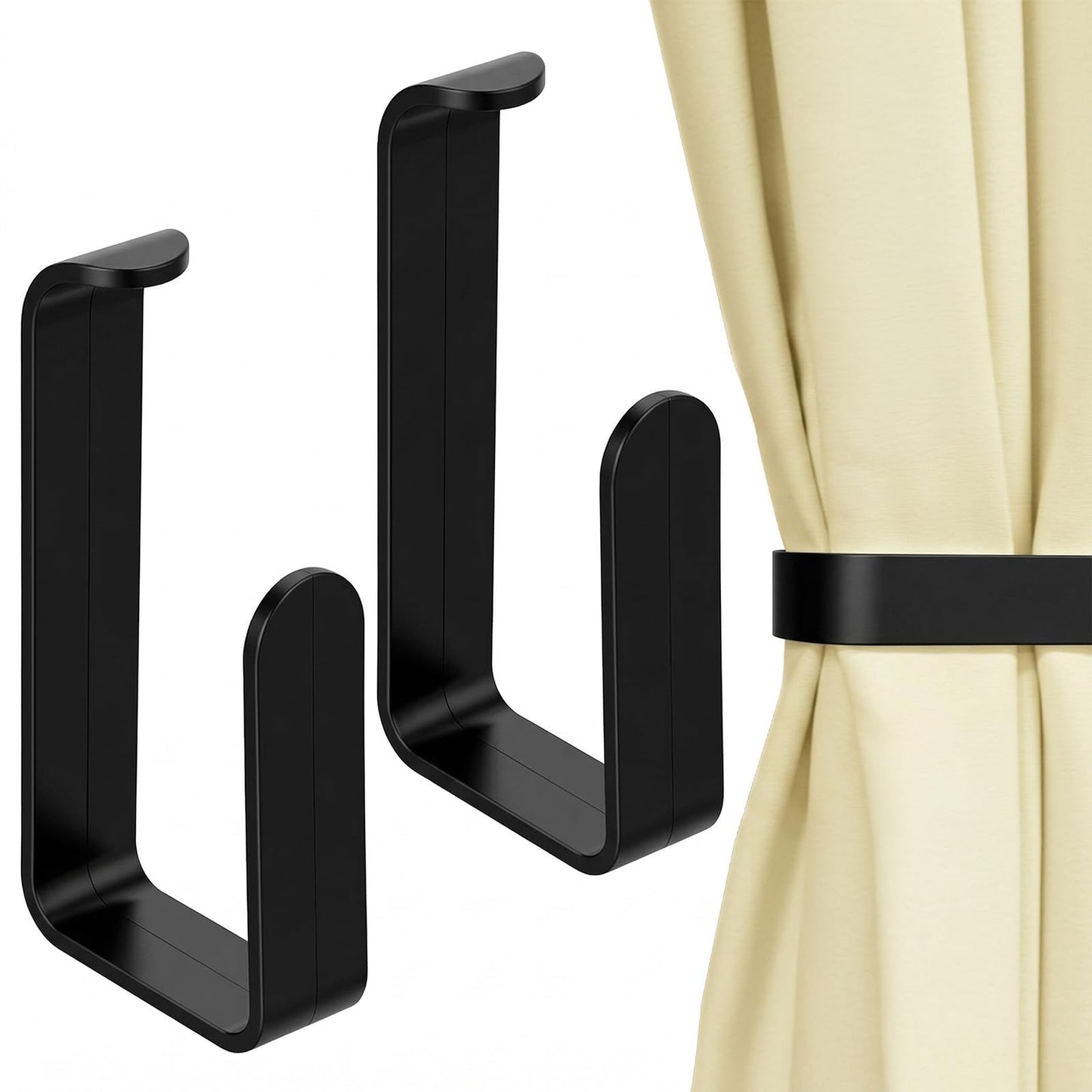 Grevosea Pack of 2 Curtain Tiebacks, Self-Adhesive Curtain Holdbacks for Curtains, No Drilling, for Living Room, Bedroom, Dining Room, Bathroom, Kitchen, Office, Black