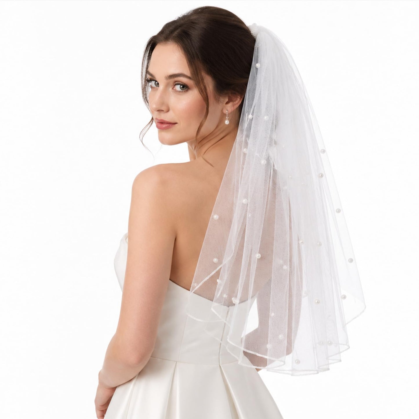Auteonsa White Short Veil, Mini Veil with Comb