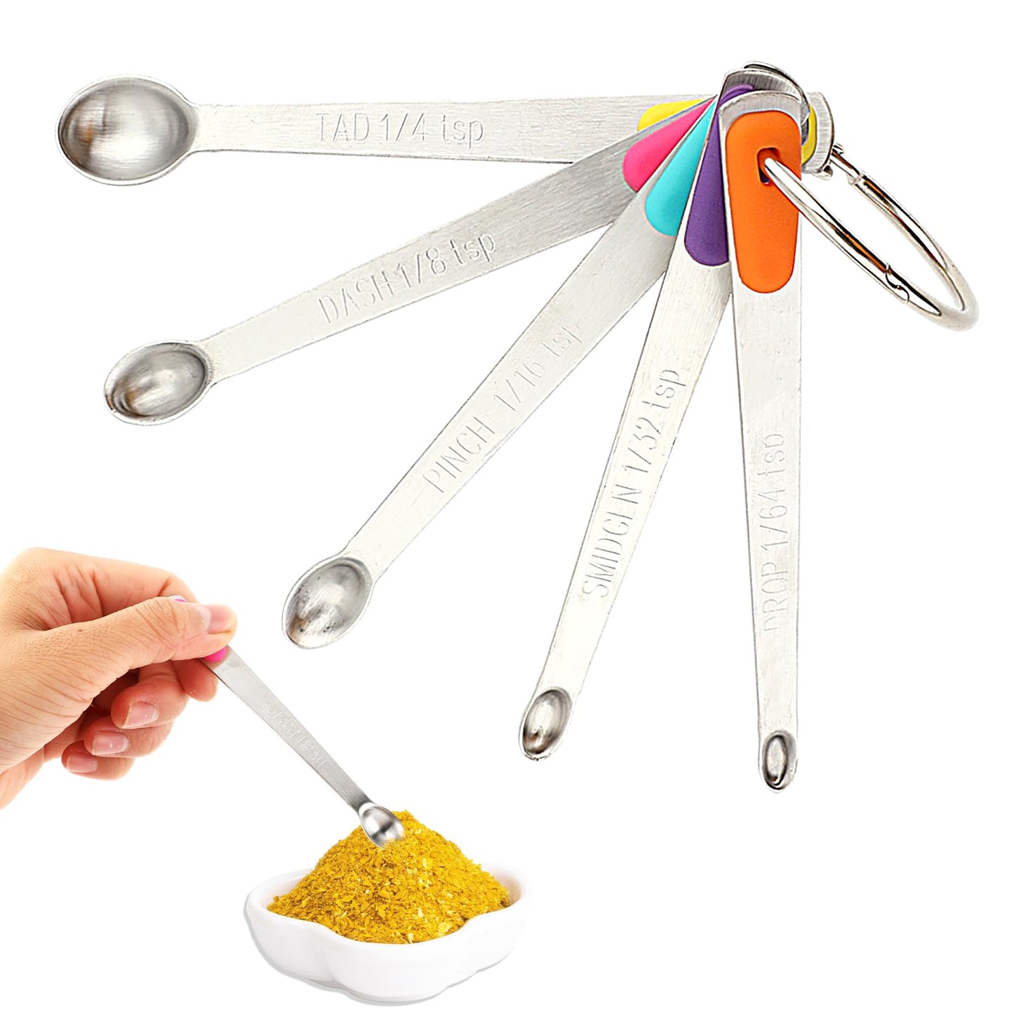 Aster Measuring Spoons Set of 5, Mini Stainless Steel Measuring Spoons with Silicone Handle, Teaspoon for Dry or Liquid 1/64, 1/32, 1/16, 1/8, 1/4 TSP, Small Measurement Spoons for Spice Jars
