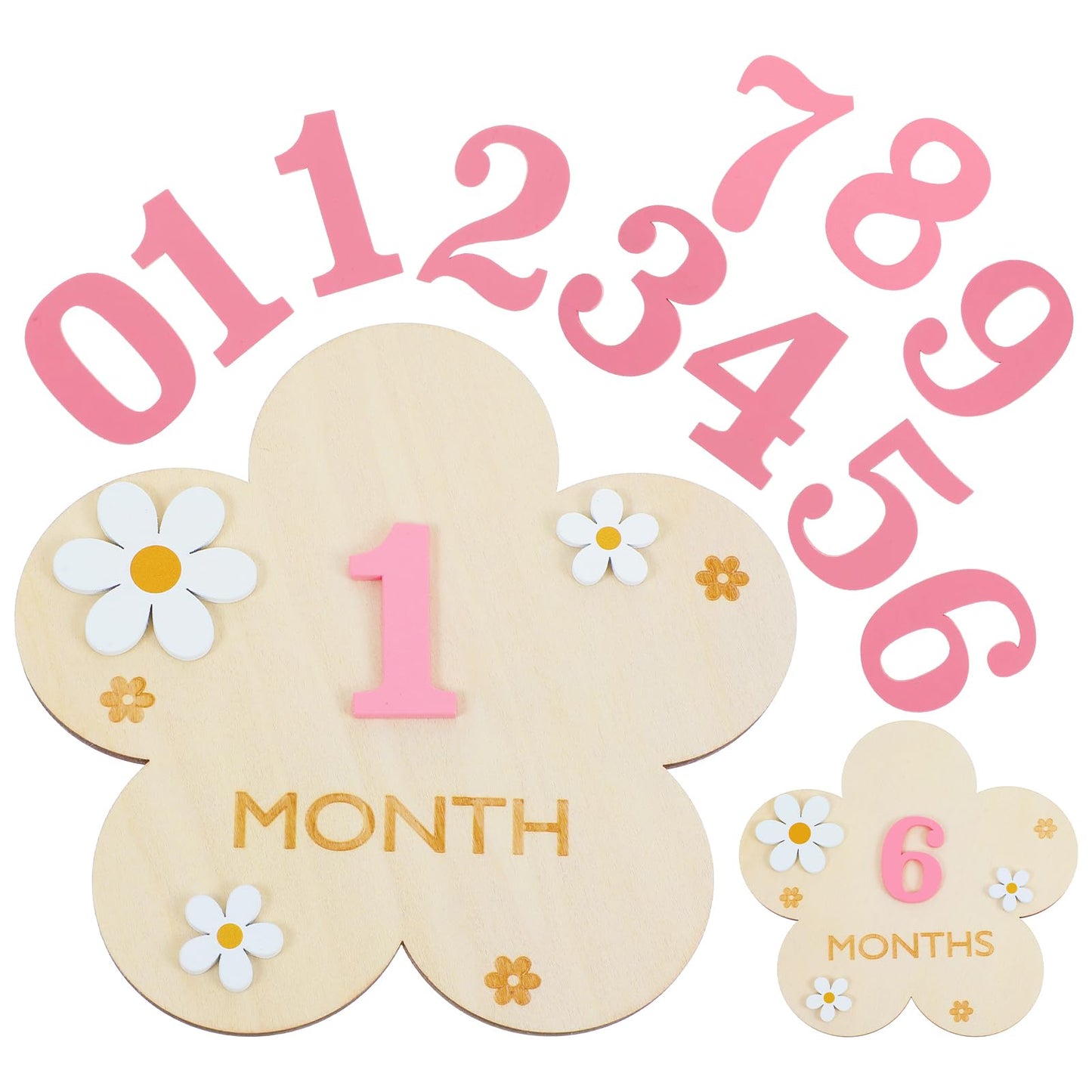 1 Set Milestone Cards Baby, DIY Flowers Milestone Cards Baby Wood, Interchangeable Figure Babies Monthly Cards (1-12 Months, Pink)