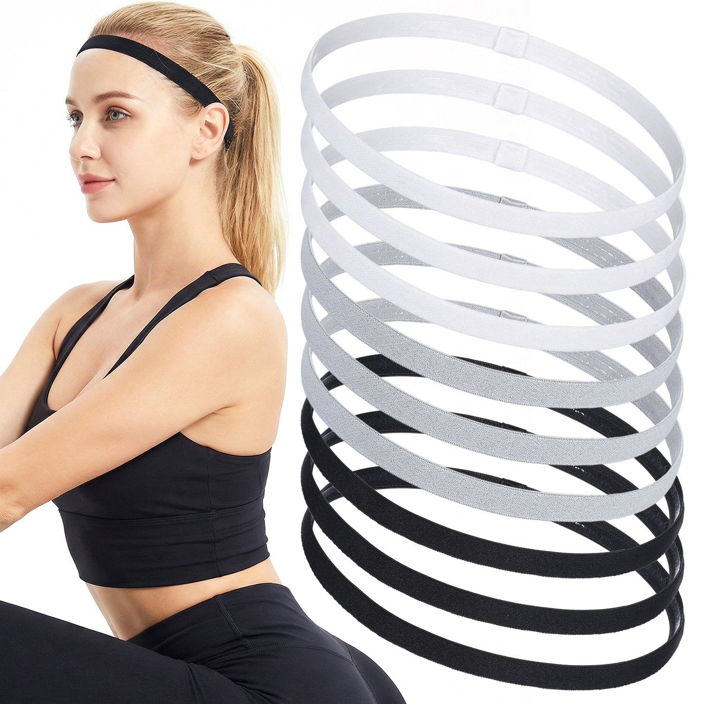 9Pcs Non-Slip Silicone Grip Sport Headbands, Elastic Thin Hair Bands, Athletic Exercise Sweatband for Women Men, Yoga Running Football Basketball Tennis