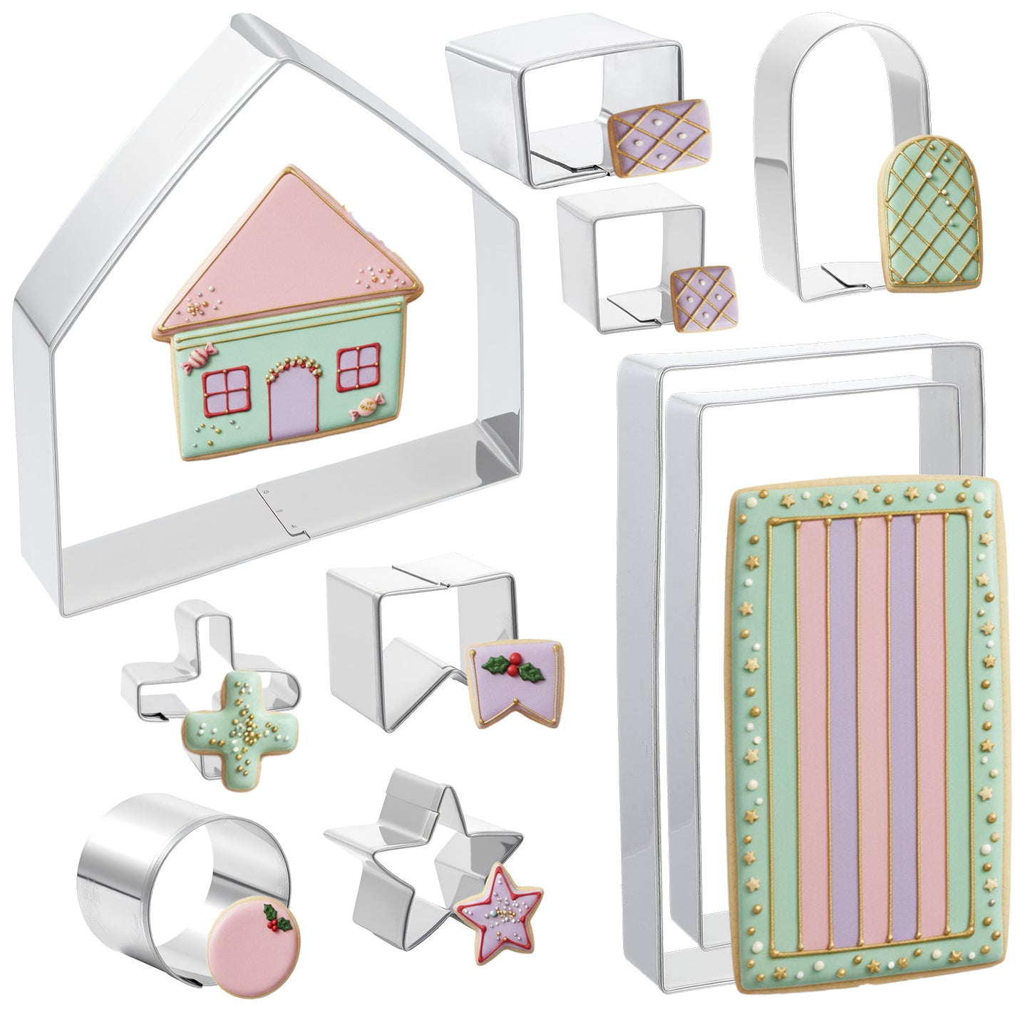 10 Piece Gingerbread House Cookie Cutter Set, Stainless Steel 3D House Cookie Cutters, Includes Wall, Door, Window, Roof, Chimney, Star Decor Cutters Christmas DIY Baking Decorations and Family Fun