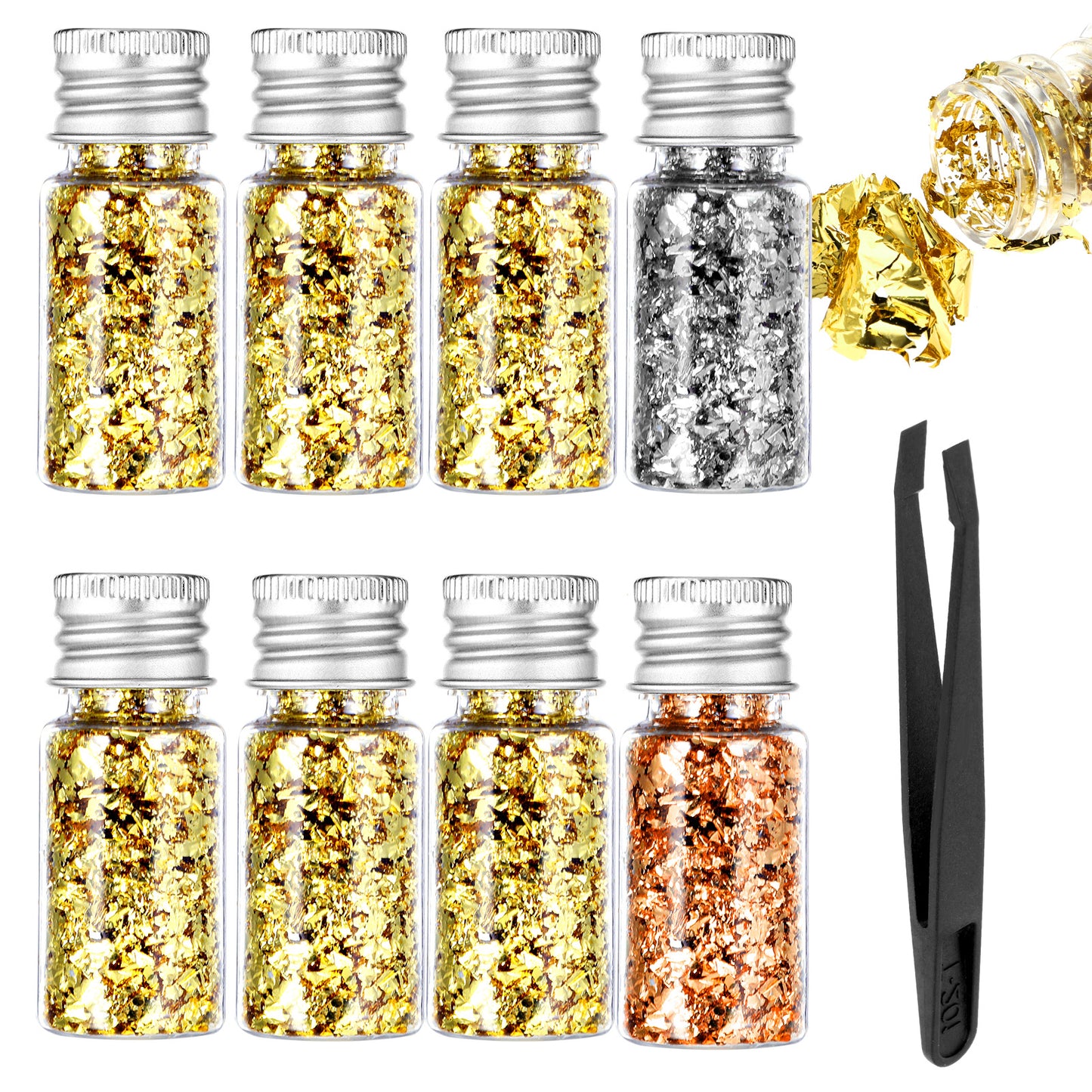 8Pcs Decorative Gold Leaf, Multifunction Gold Flakes Cake Decoration Baking Foil Decor with Plastic Tweezers for Cooking Dessert Steak Decoration Crafts Makeup (Gold, Sliver, Rose Gold)