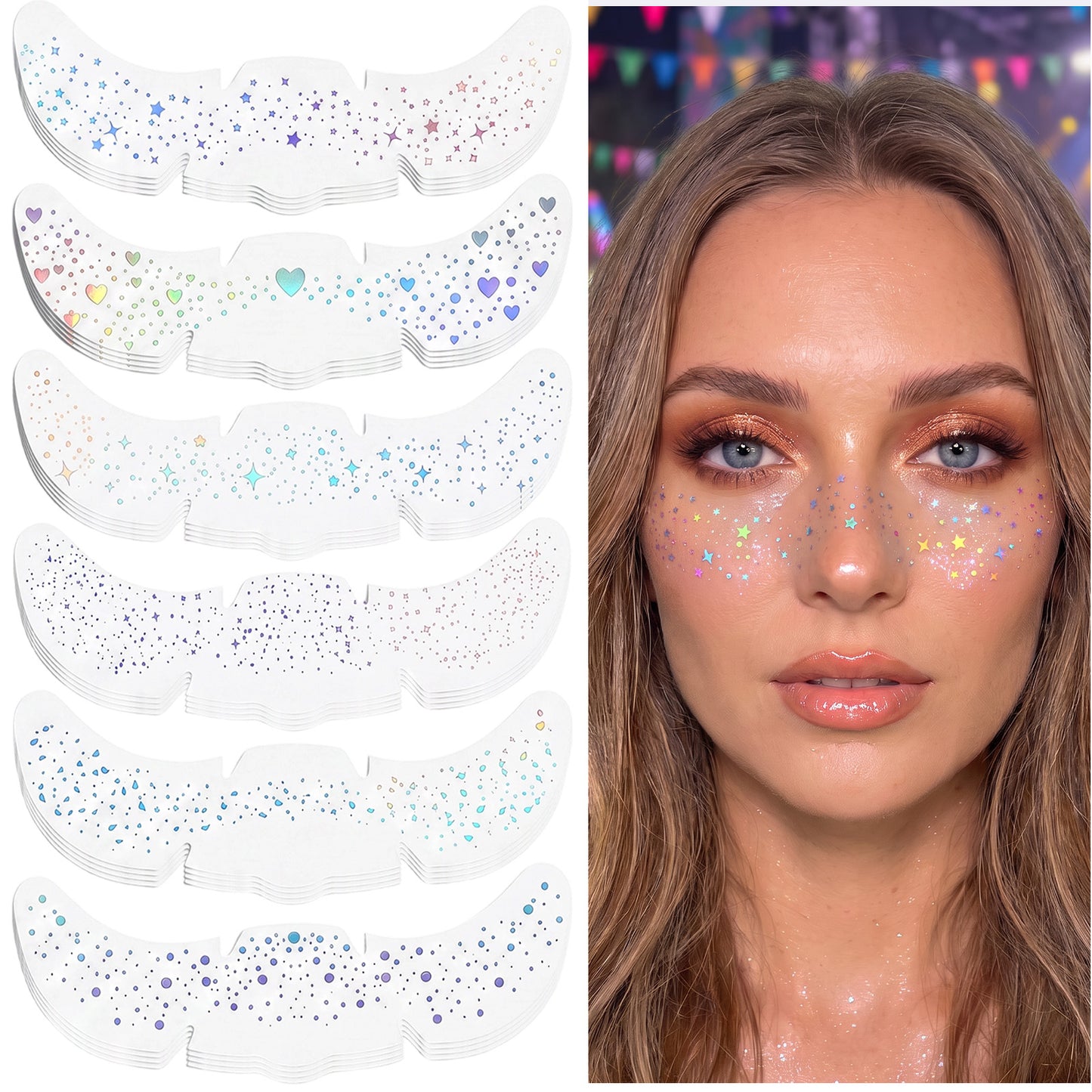 24PCS Glitter Freckles Face Tattoo, Sparkle Freckles (6 Style, Holographic)