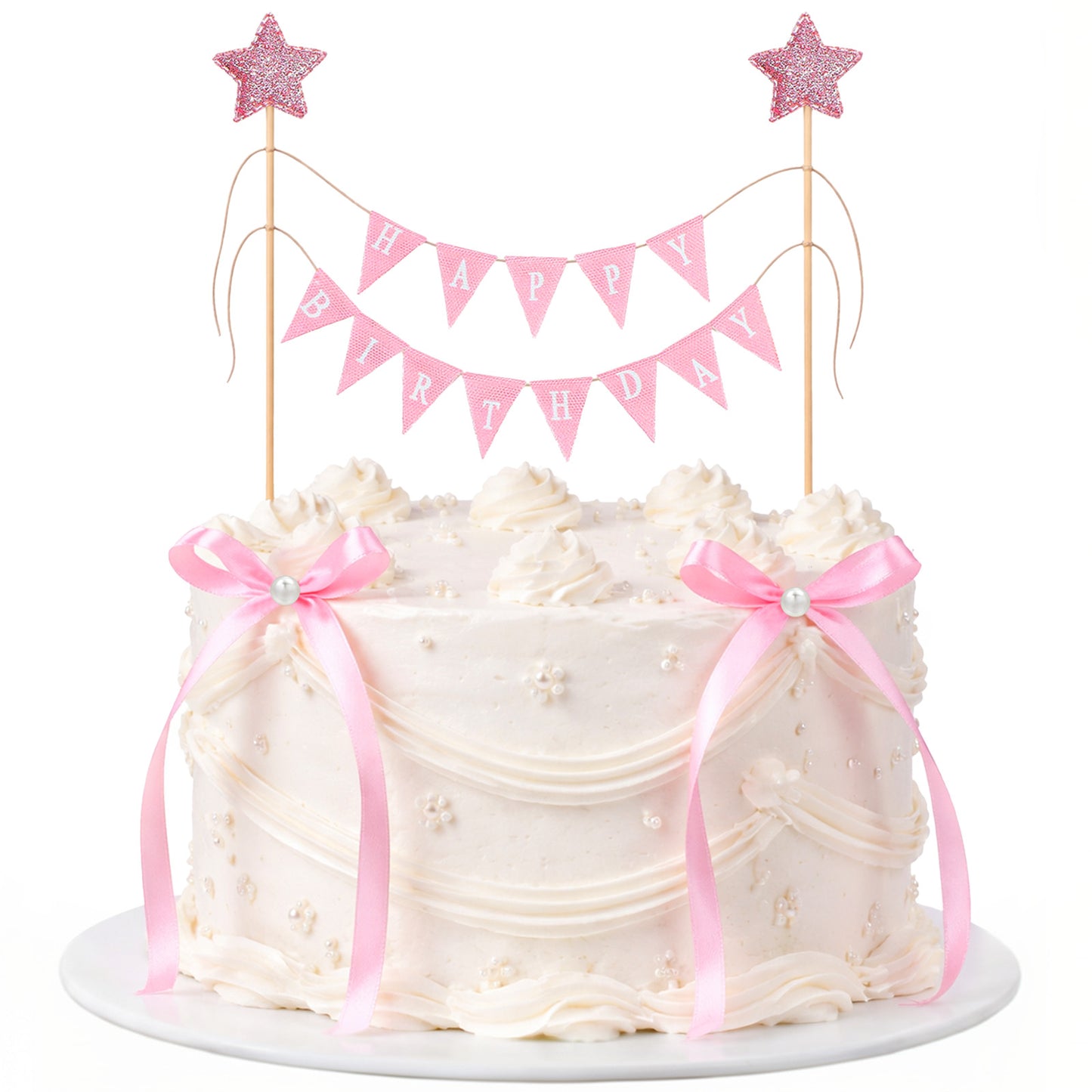 11 Pcs Pink Bow Ribbon Happy Birthday Cake Toppers, Bow Cake Topper with Wood Pole, Bows Ribbon Pennant Flags Cakes Bunting Topper for Birthday Bridal Party Decoration