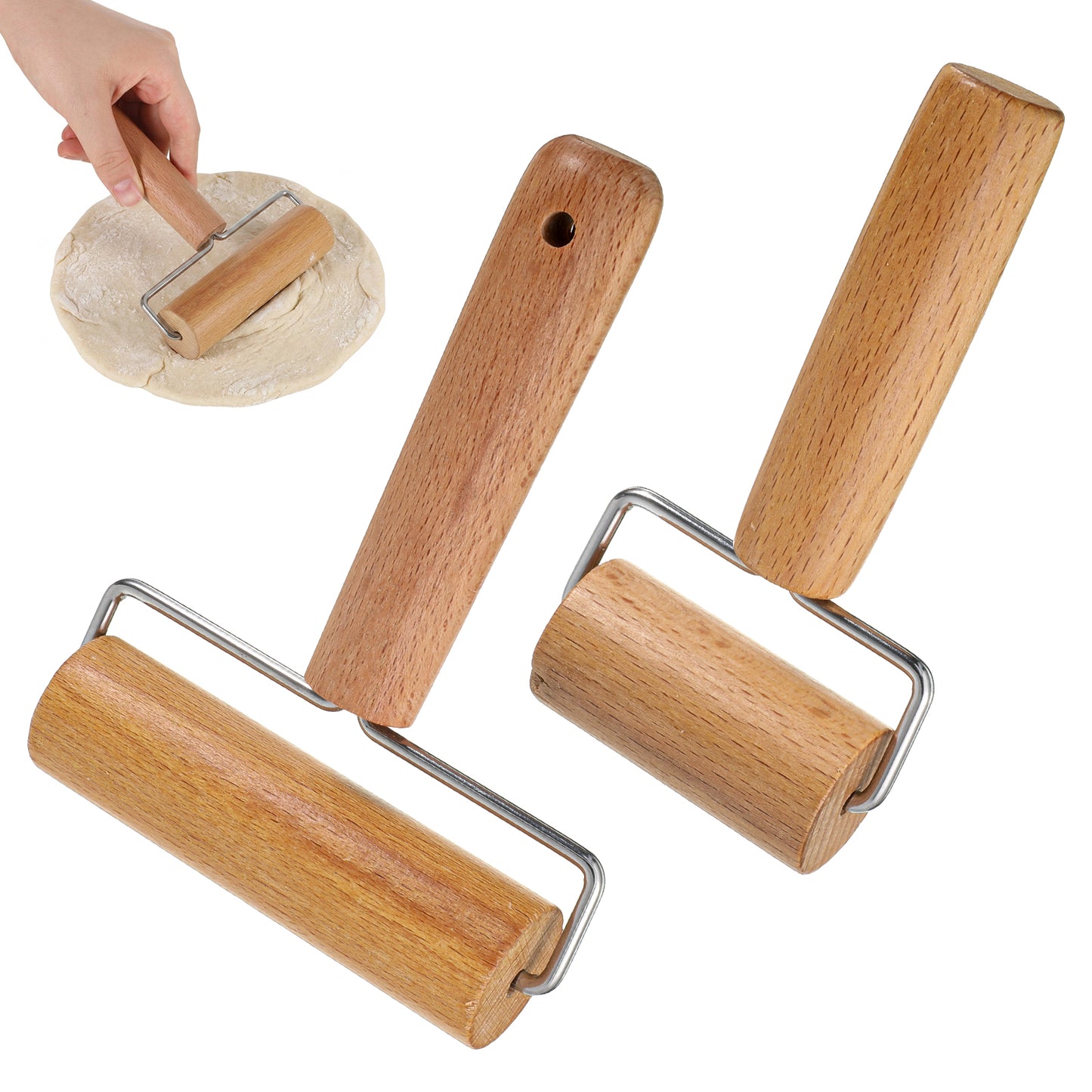 2 Pcs Small Rolling Pin with Handle, Wooden Rolling Pins for Baking, T-Shape Non-Stick Pizza Roller for Home Kitchen Baking Cooking