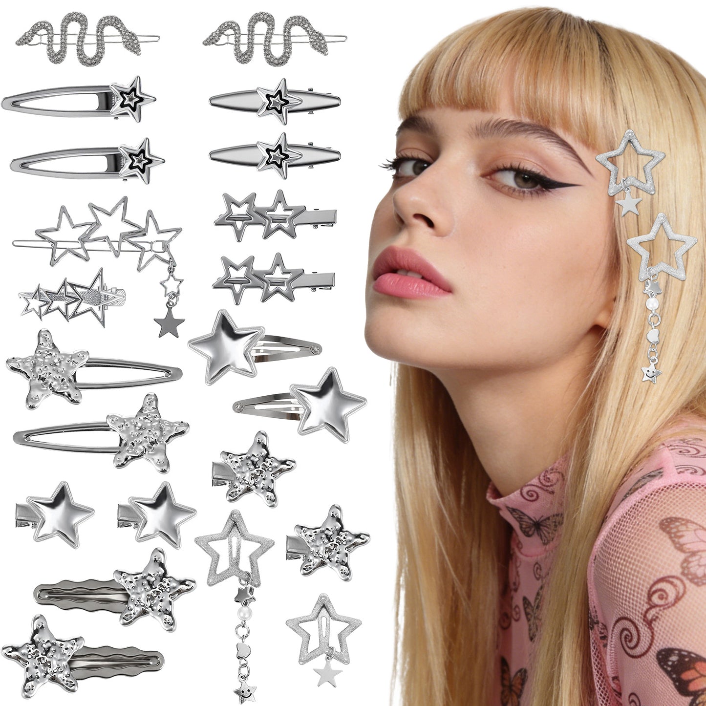 22pcs Silver Star Hair Clips Set,Metal Star Barrettes for Women, 2000s Punk Goth Hair Accessories for Women and Girls Styling Stars Hairpin
