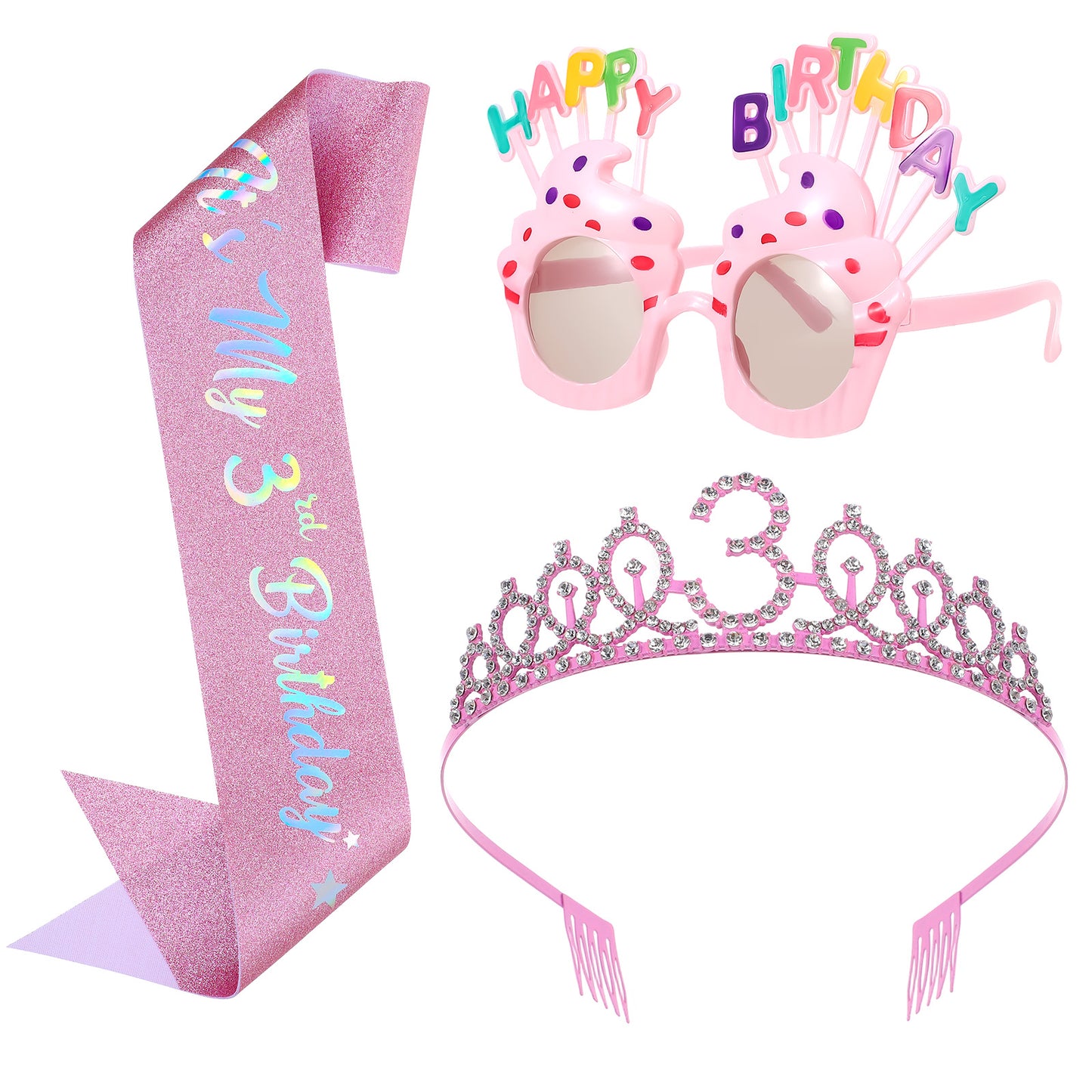 PEOVLVN 3th Birthday Decorations for Girls, Glitter Birthday Sash and Crown Kit with Happy Birthday Sunglasses Princess Tiara Birthday Party Decorations Gifts for 4 Year Old Girls Outfit