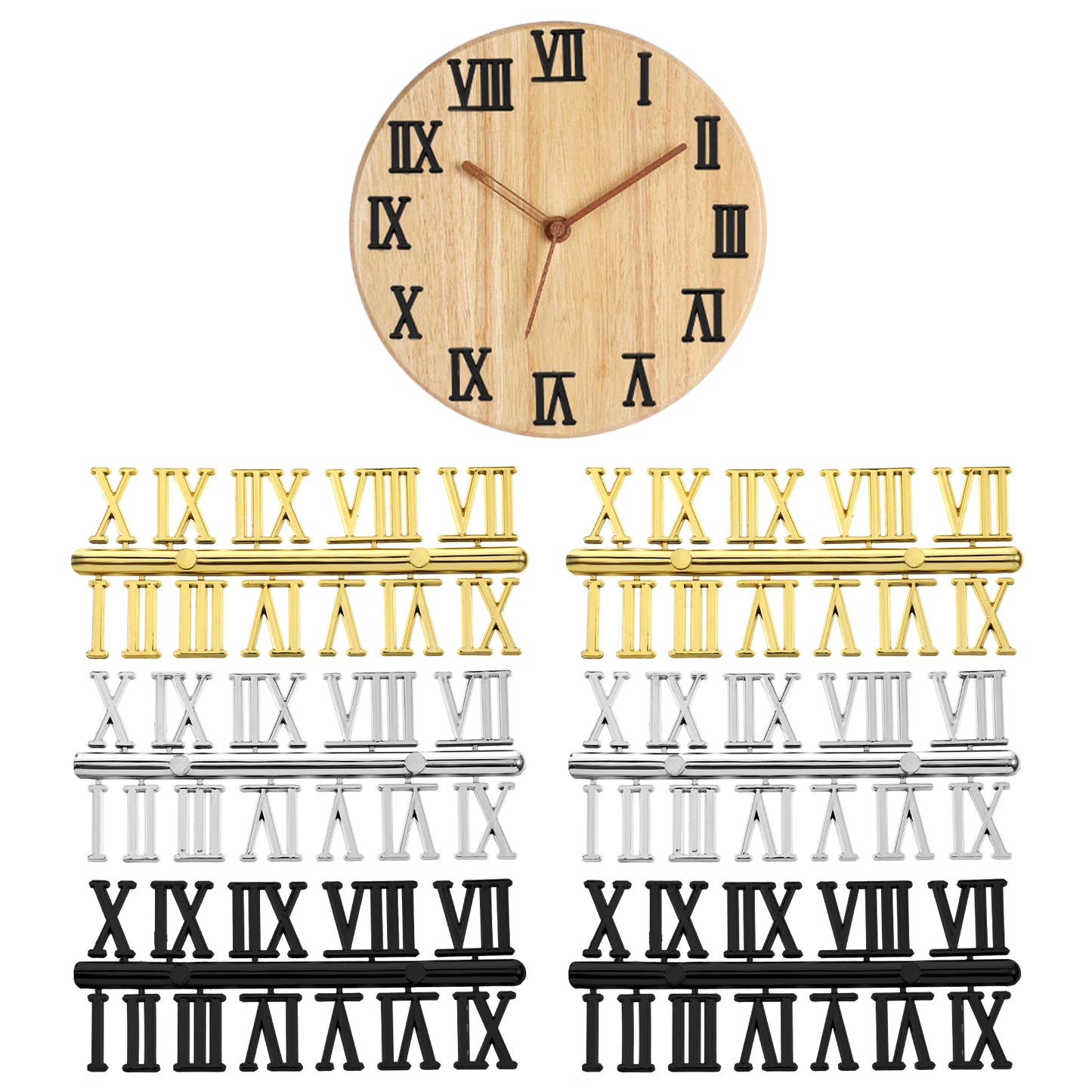 Apojgitn 6PCS Plastic Clock Roman Numerals Kit - Wall Clock Numbers for DIY Crafts, Roman Numerals Clocks Parts for Replacement, Repairing and Home Art Decor Accessories(Black Gold Silver)