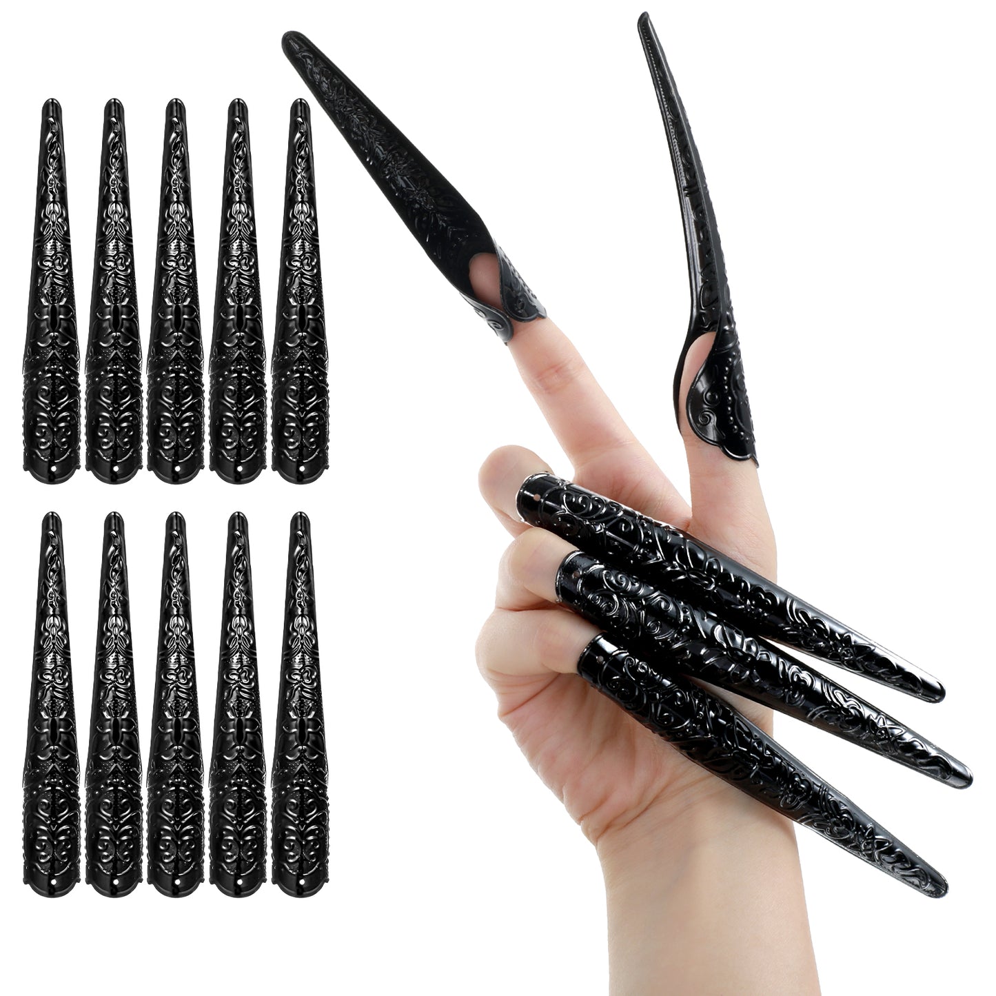 10 Pcs Finger Nail Claw Rings, Fingertip Claw Nail Rings Hands Fingertip Extension Black Costume Accessories for Halloween Cosplay Drama Dance Show