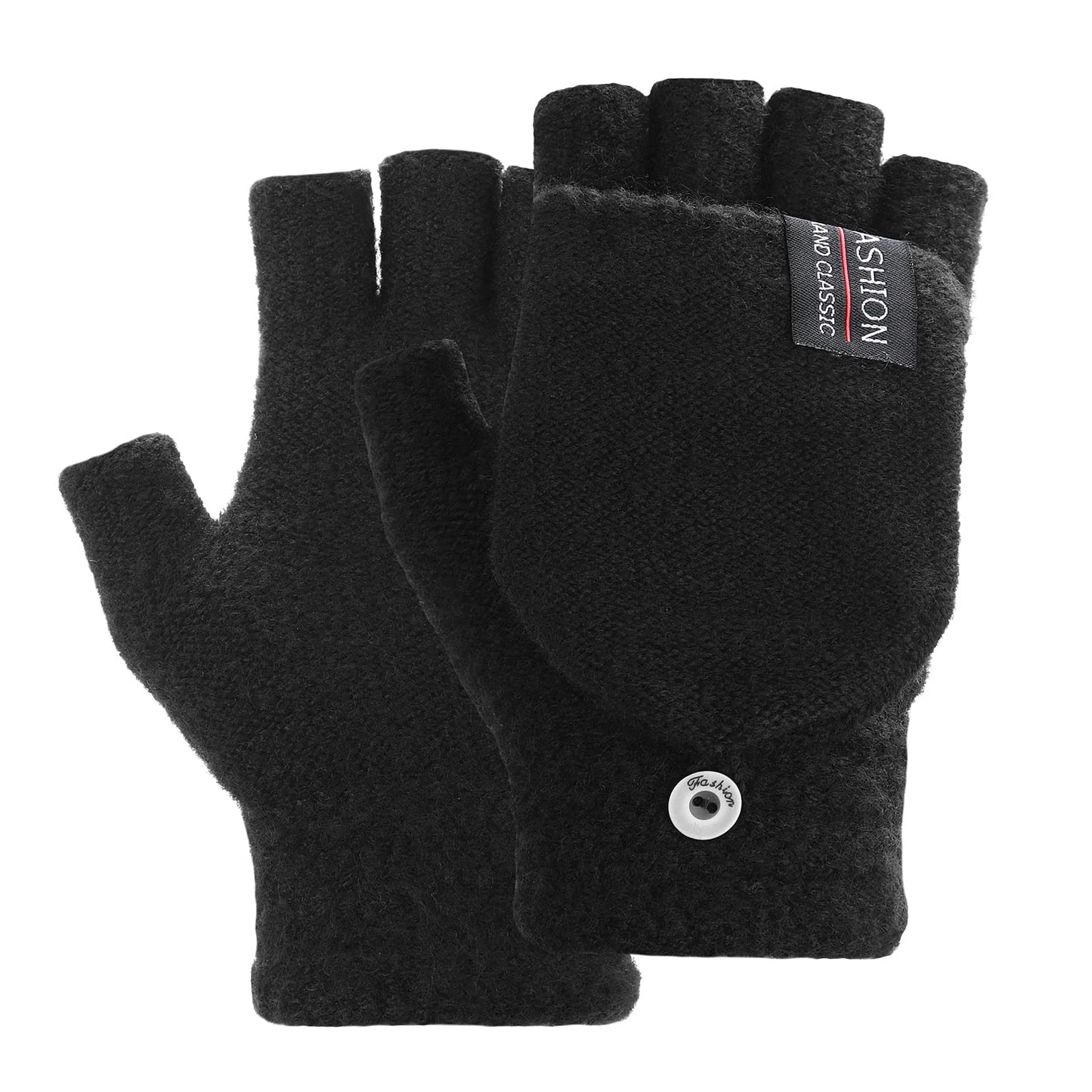 Thinp Fingerless Gloves for Women and Men, Winter Gloves Warm Wool Knit Flip Fingerless Gloves with Cover Convertible Mittens Knitted Gloves (Black)