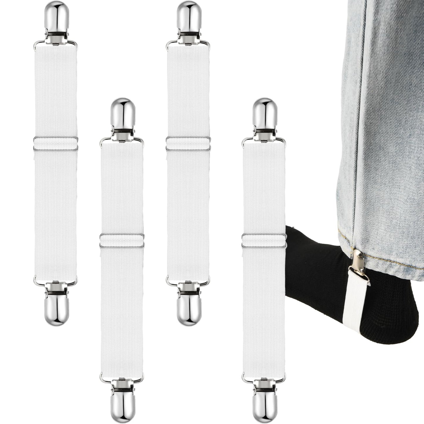 ASTER Elastic Adjustable Boot Straps Clips, 4 Pcs Pant Stirrups Secure Leg Straps Hat Clip Mitten Clips Glove Clips for Kids Toddler Adults Dress Cinch Sweater Cardigan Shawl(White)