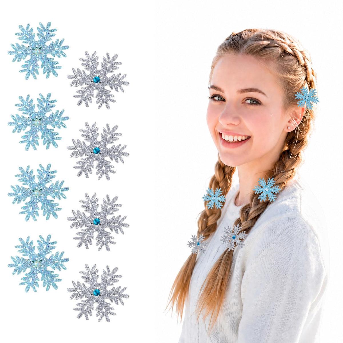 8Pcs Sparkly Snowflake Hair Clip Barrettes, Christmas Hair Clip Accessories
