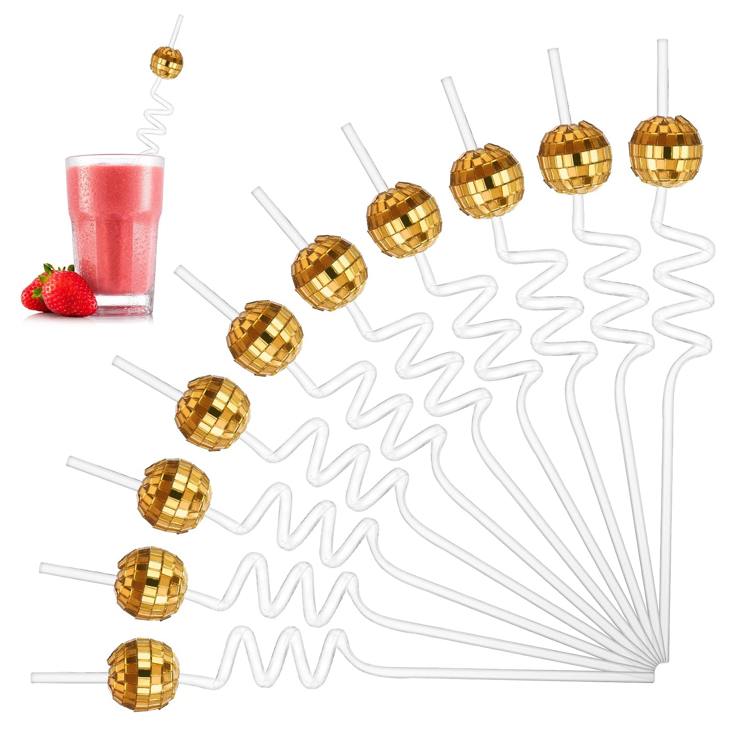 10 Pieces Disco Ball Straws, 70s Disco Party Decorations Reusable Plastic Straws Mirror Reflective Stirrers Cocktail Disco Ball Decor for Bachelorette Party Holiday Wedding Birthday Supplies(Gold)