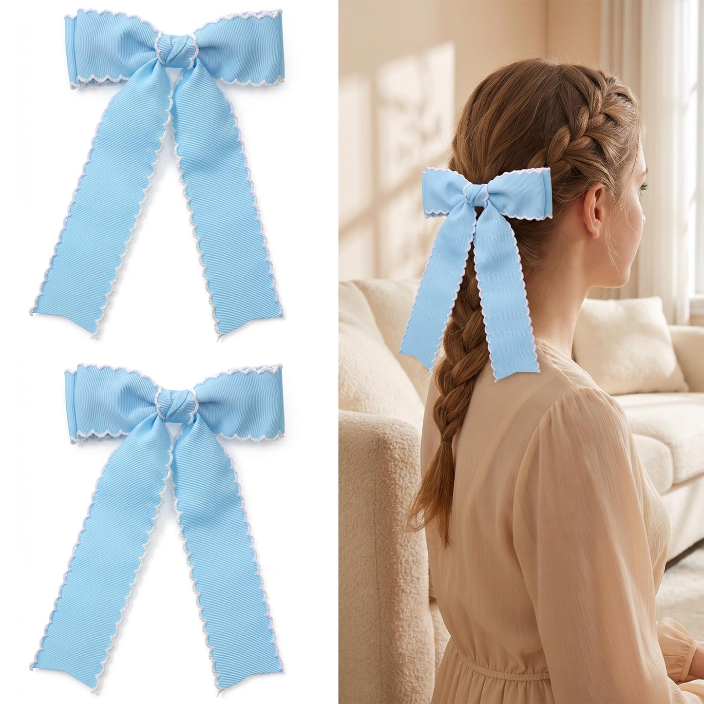 2PCS Light Blue Hair Bows for Women, Grosgrain Ribbon Hair Clips