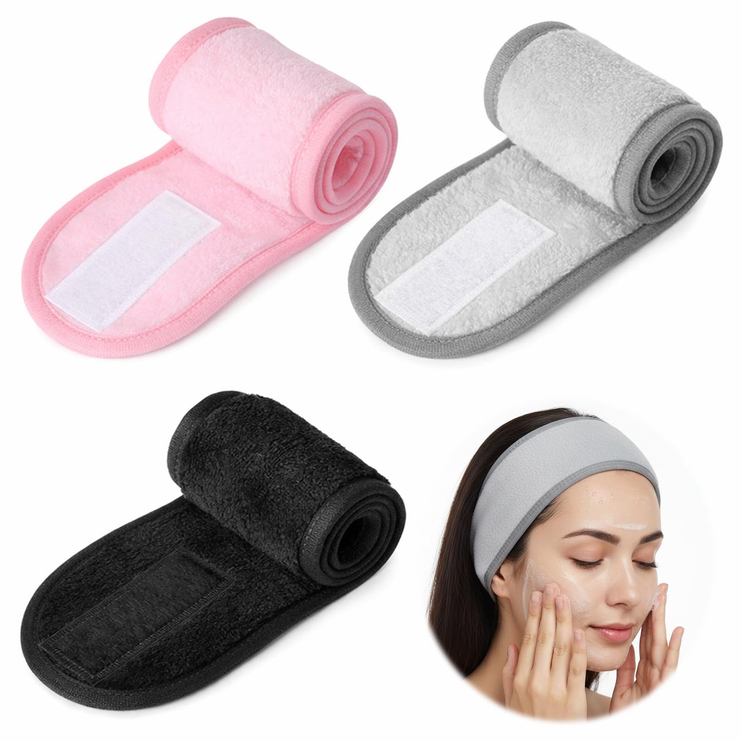 Yuomeaz 3Pcs Facial Spa Headband, Adjustable Face Wash Headscarf for Women, Soft Hair Wrap Headband for Washing Face, Makeup, and Shower