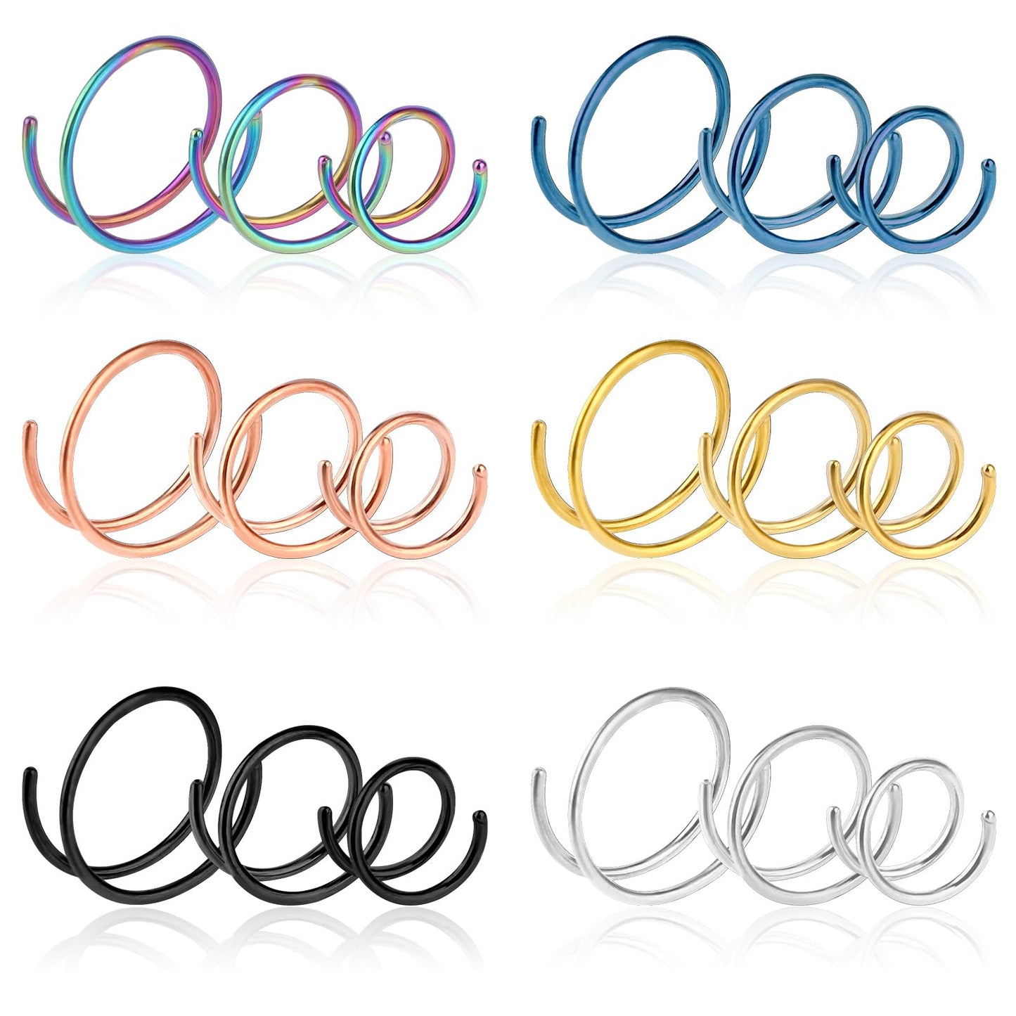 ASTER Double Spiral Nose Ring, 18 Pcs 6 Color 20G Stainless Steel Double Nose Hoop for Single Piercing, Spiral Hoop Nose Rings for Women Nose Piercing Jewelry