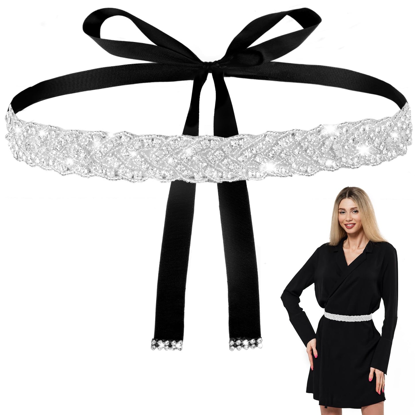 ASTER Bridal Rhinestone Belt for Women, Handcrafted Sparkly Rhinestone Belt for Formal Dress, Wedding Dress Belt Glitter Ribbon Belt for Jeans Dress(Black)
