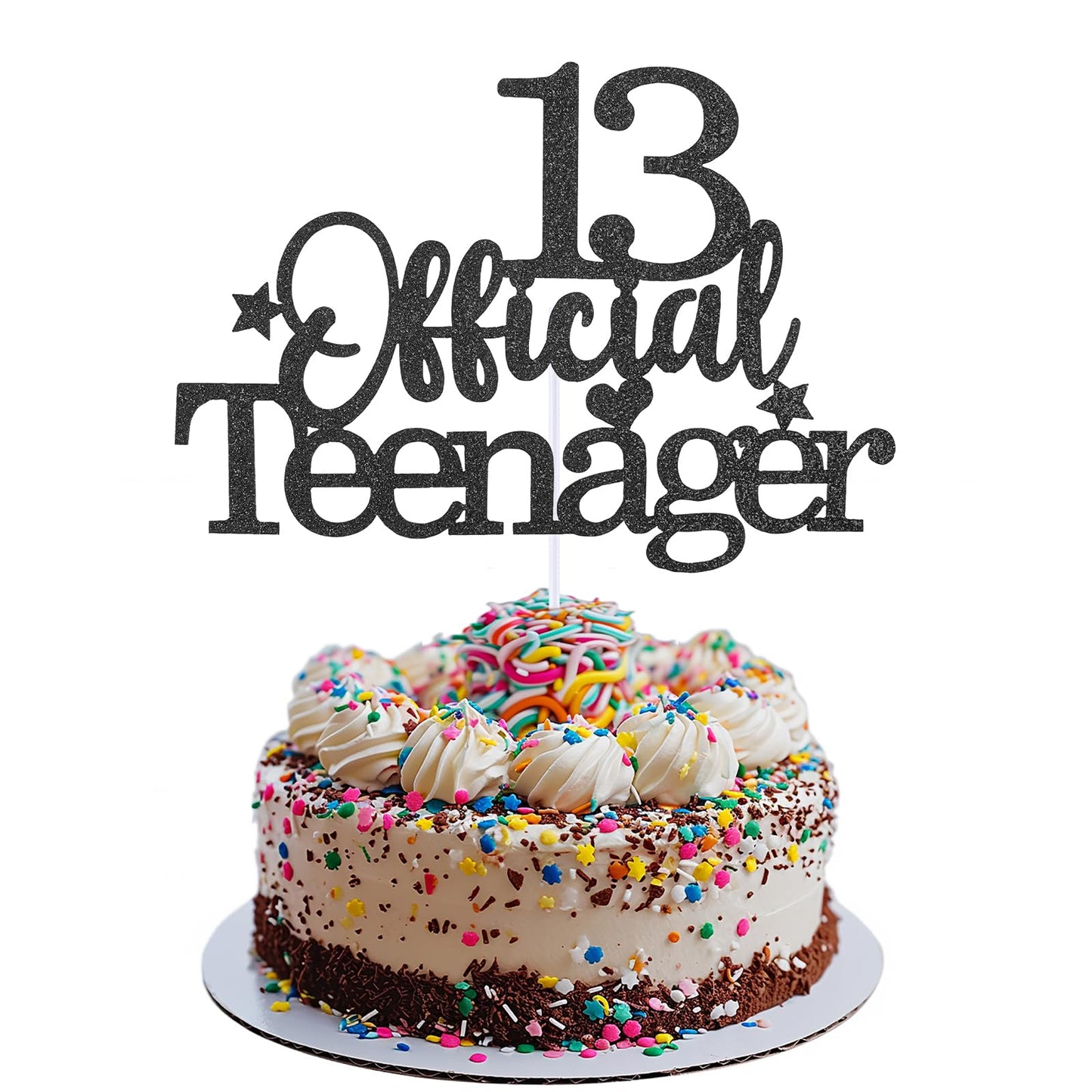 Prasacco 13 Offiicial Teenager Cake Topper, Giltter Cake Topper with Stars Birthday Cake Decorations for Teens 13th Boys and Girls Birthday Party Supplies (Black)