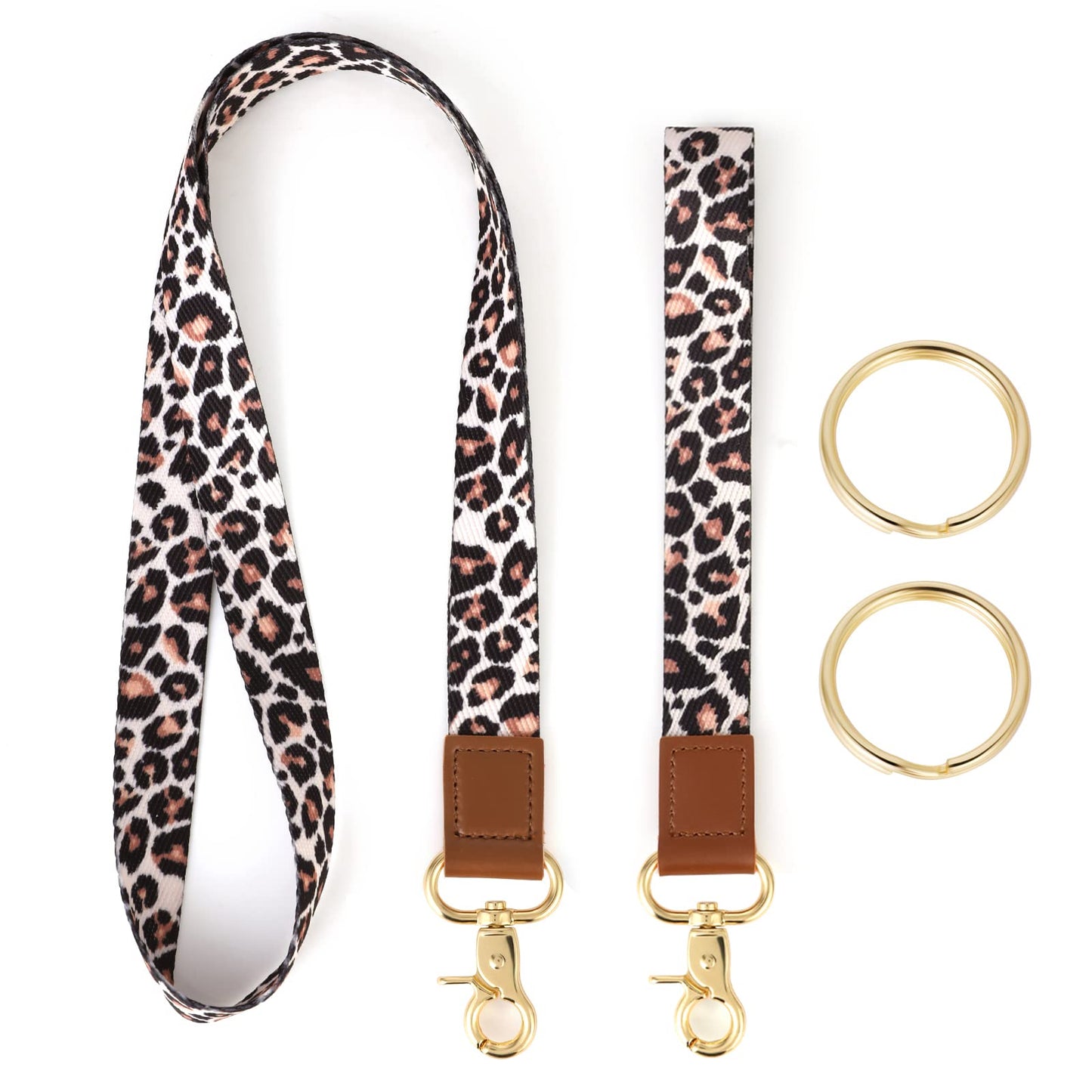 2 Pieces Lanyard, Keychain Lanyard Neck Lanyard Breakaway Lanyard and Wristlet Keychain Holder with 2 Keyrings for Car Keys ID Badges Card Holder Wallet Office Name Badge Leopard