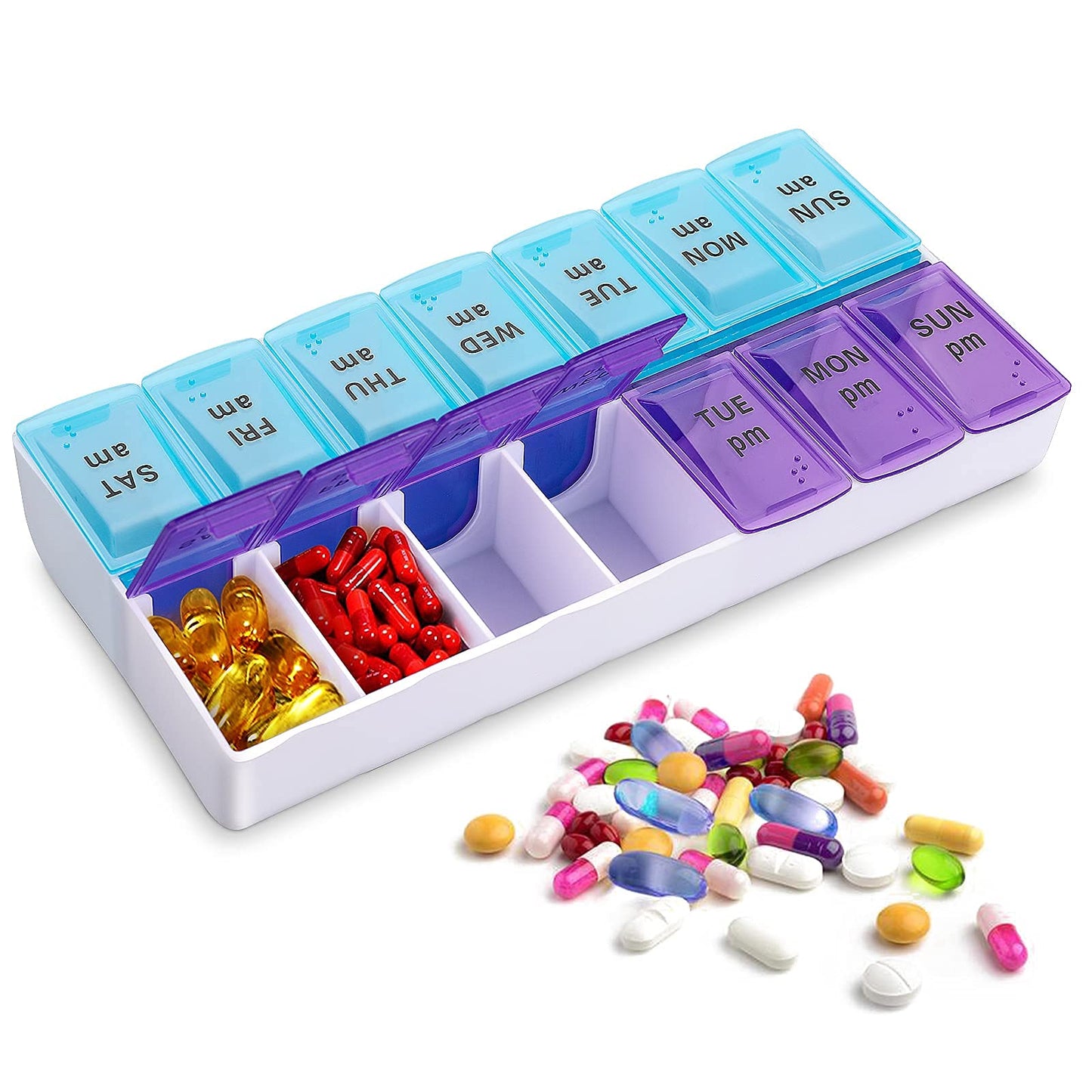 ASTER Weekly Pill Organizer,AM/PM Pill Box Large Compartments Moisture-Proof Pill Case Vitamin Dispenser Portable Travel Container for Vitamins Fish Oil Compartments