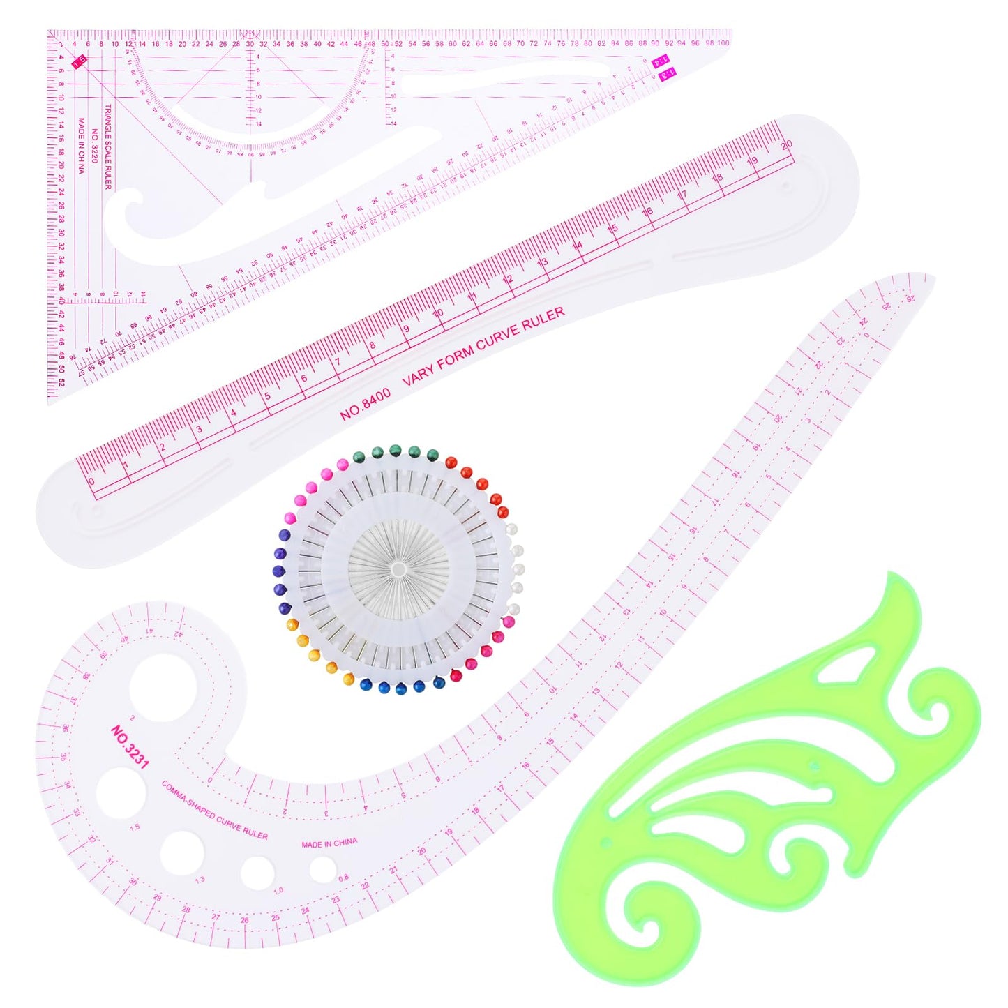 ASTER Sewing Ruler Set of 4, Including French Curve Ruler, Triangle Ruler, Green Cloud Ruler & Metric Shaped Plastic Ruler, 30 cm