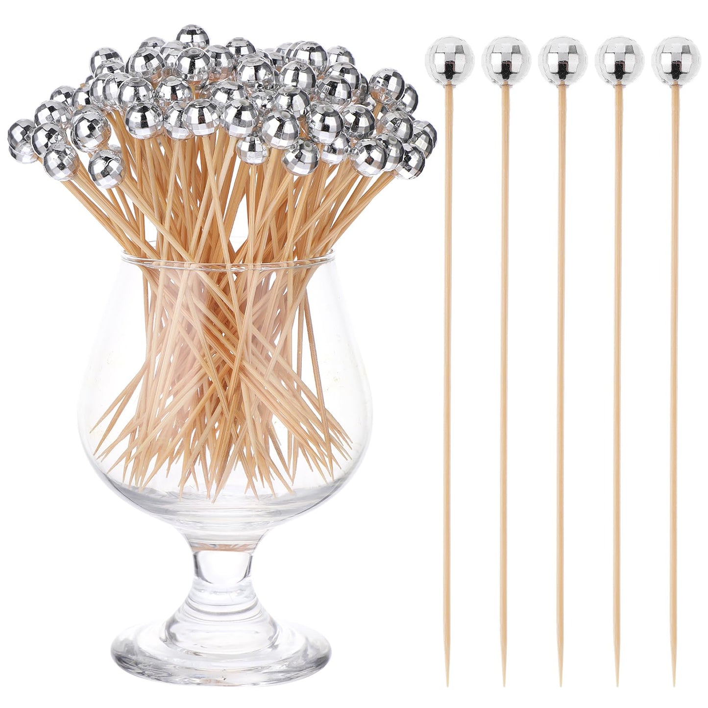 100 Pack Cocktail Picks Disco Ball Toothpicks Silver Mirror Ball Appetizer Skewers Fancy Toothpicks for Appetizers Cocktail Skewers for Food Wedding Birthday Disco Party Supplies