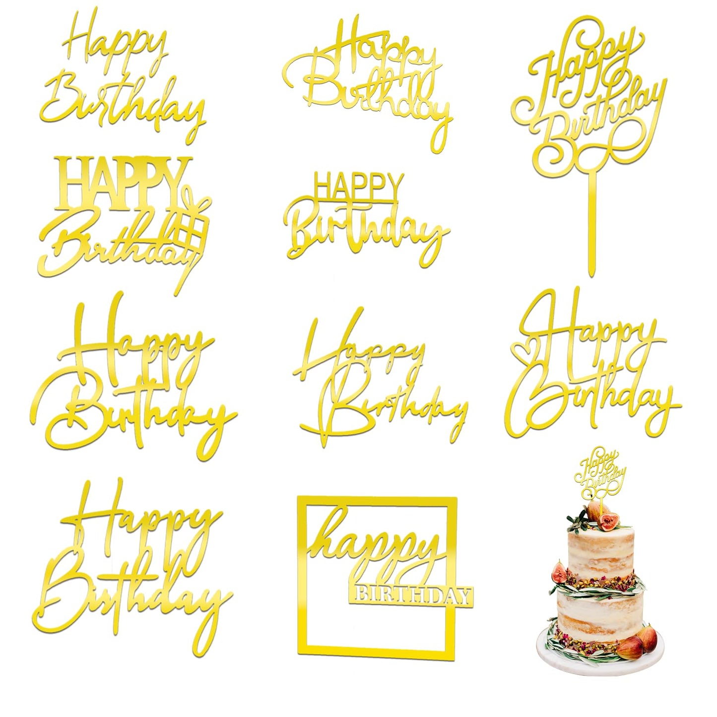 10 PCS Gold Happy Birthday Cake Toppers, 10 Styles Golden Glitter Happy Birthday Cake Decoration, Mirror Acrylic Birthday Cake Toppers, Cupcake Toppers for Birthday Party Cake Desserts Pastries