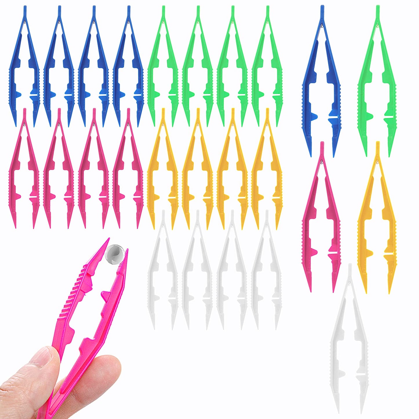 ASTER Plastic Tweezers - Pack of 25, 4 Inch/10cm Plastic Beads Tweezers First Aid Tweezers Bulk Bead Tweezer for Beads Kids Handmade DIY Crafts (5 Colour)