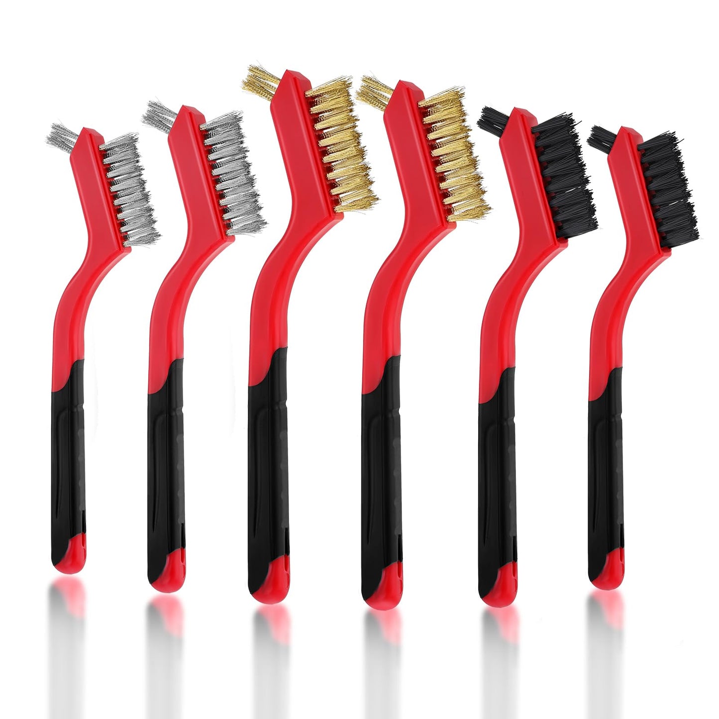 Aster Wire Brush Set, 6 Pcs Brass/ Stainless Steel/ Nylon Brushes for Cleaning Rust Small Wire Brush with Curved Handle Grip Metal Brush for Cleaning Welding Slag, Paint and Dirt Removal - 7inches