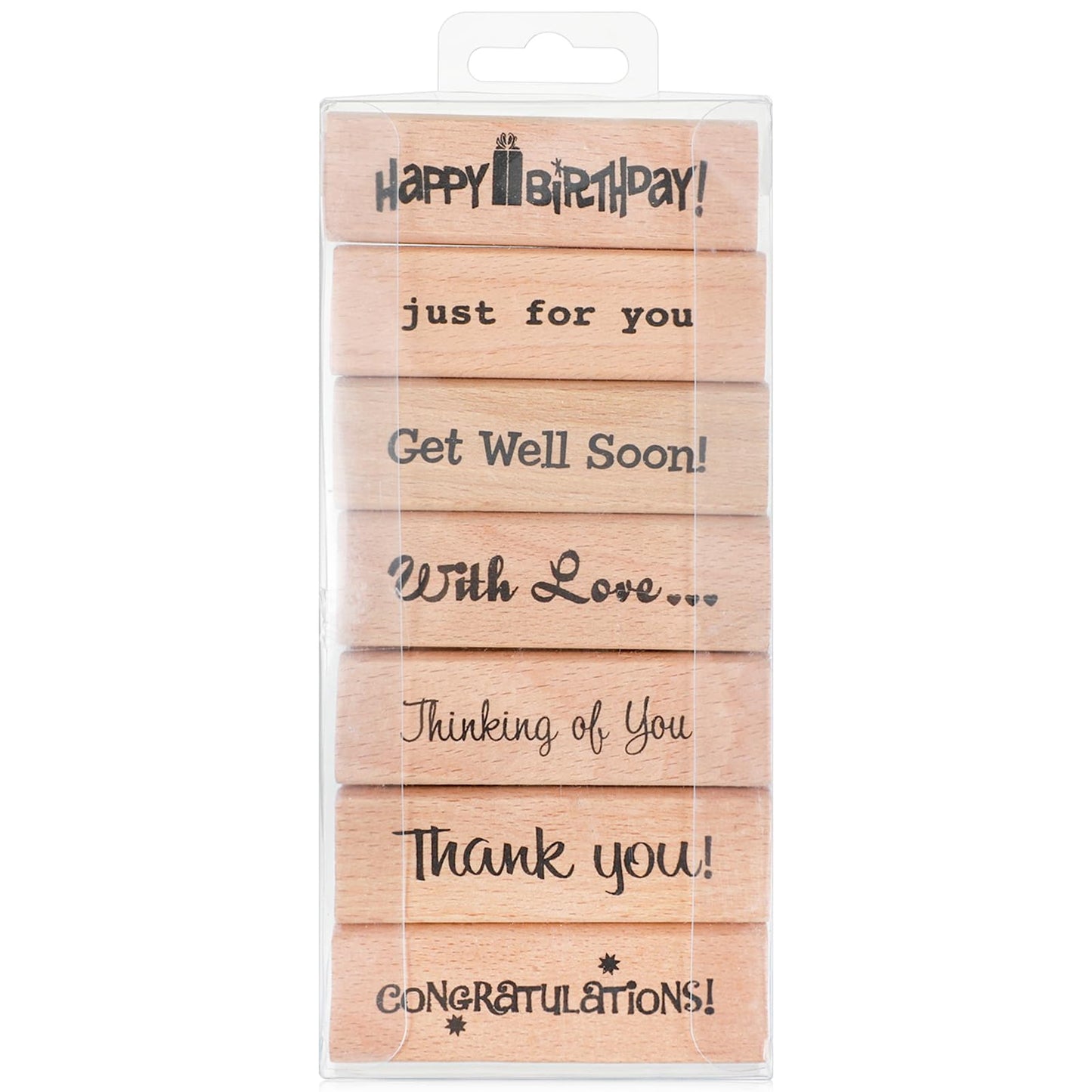 Wood Rubber Stamp Set, 7 Pcs Happy Birthday, Thank You, with Love, Merry Christmas, Handmade Sentiments, Vintage Floral Butterfly Designs for DIY Card Making, Scrapbooking, Gift Wrapping