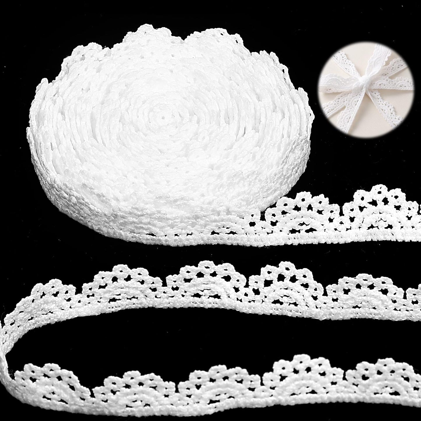 5 Yards White Lace Trim Ribbon, 0.6 Inch Wide Vintage Crocheted Lace Ribbon